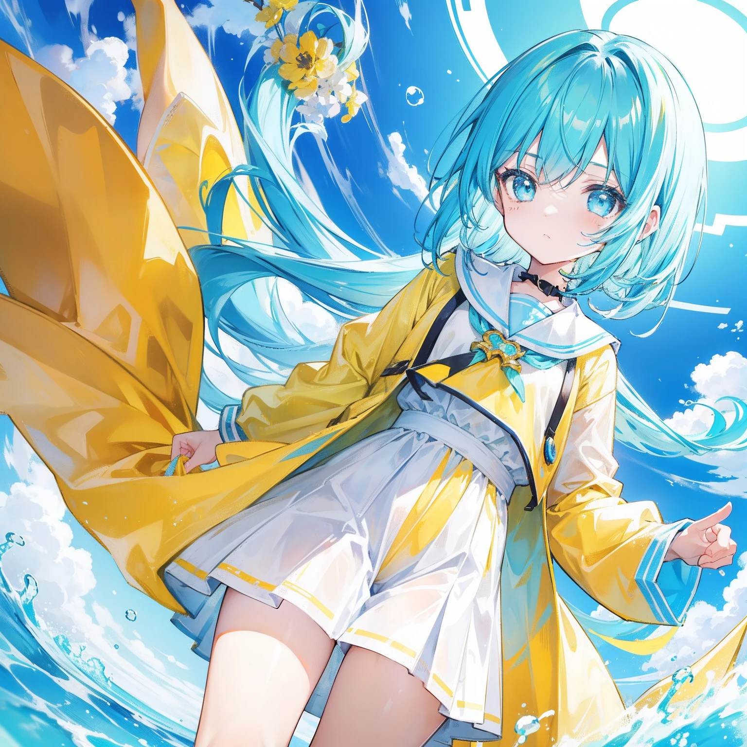 Glowing light cyan yellow with hair and pupils，Clothes in blue, yellow and white，Sweet loli girl，The whole is shining