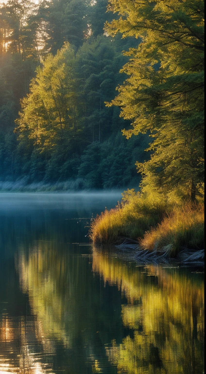 wallpaper, summer, lake, dawn, forest, detailed forest, clouds, masterpiece, cinematic, soft light, depth of field, ray tracing, reflection in water, realism, ulra detailed,