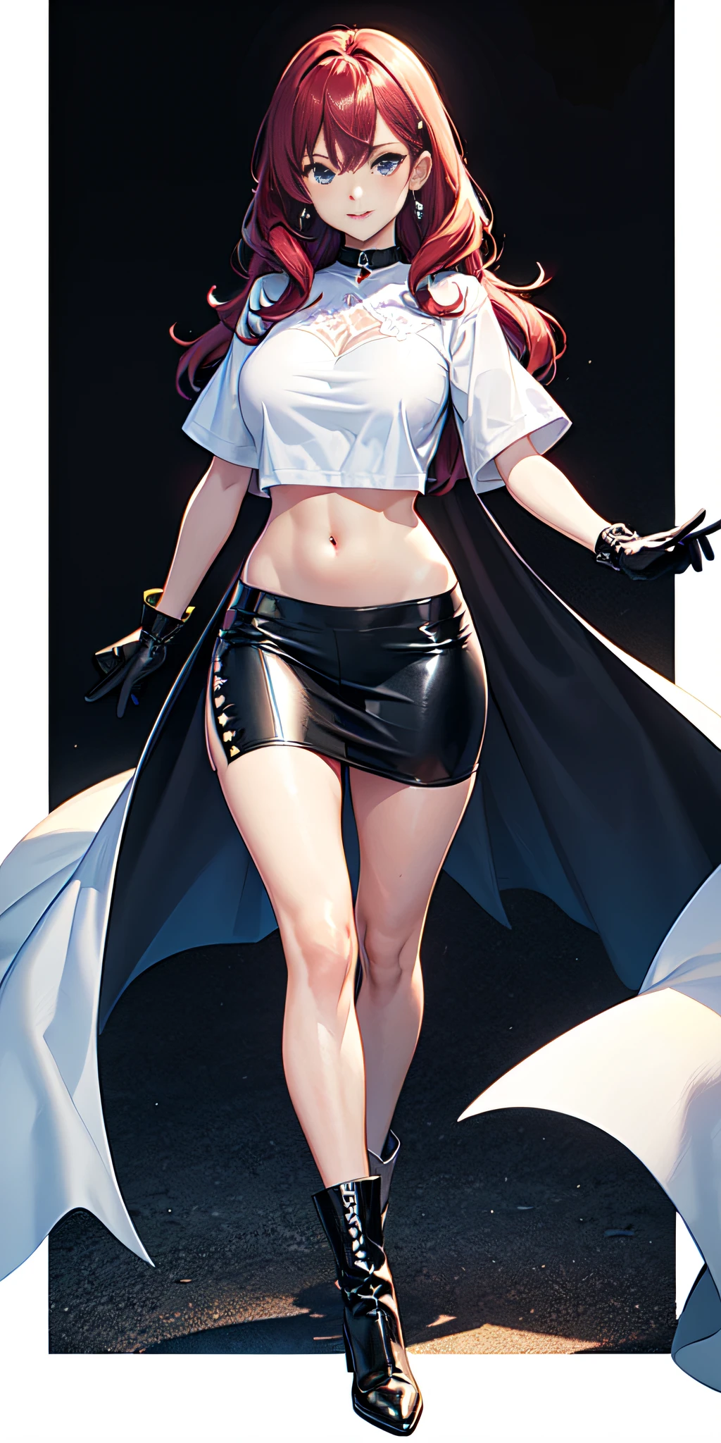 1 beautiful women,Crop topping,Mature lady,full bodyesbian, Redlip,fur,Superskirt, Black stockings beautiful legs,heeled sandals,Extremely detailed,Dark brown hair,Normal posture,view the viewer(Masterpiece, Best quality:1.2)