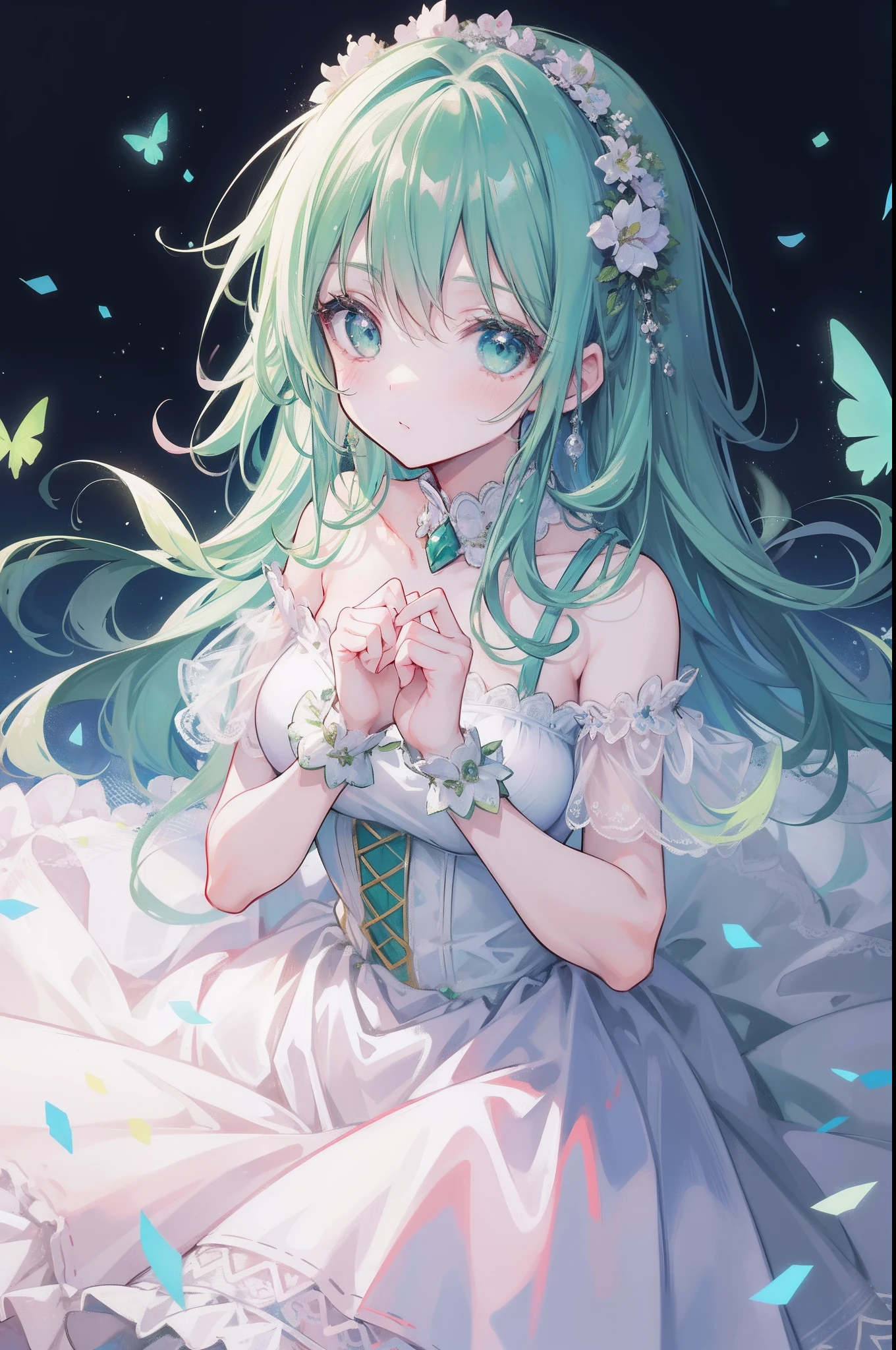 1 girl in、Green hair、Green eyes、Depicted from a certain angle、Looking at the camera、delicate finger、beautiful light up、Fluffy dress、Pink skirt,The background is an outdoor scene、(High resolution of the highest quality)、((Masterpieces of the highest quality:1.2))