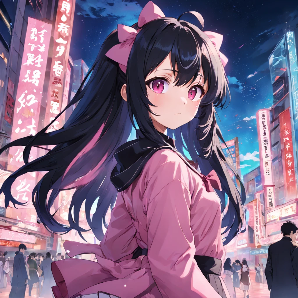 anime girl with long black hair and a pink bow