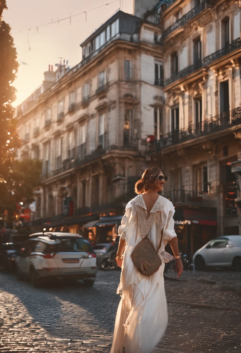 Sunset,Romantic Paris,Elegant architecture,flagstone road,streetart,French café,White silk dress,Red lips smile