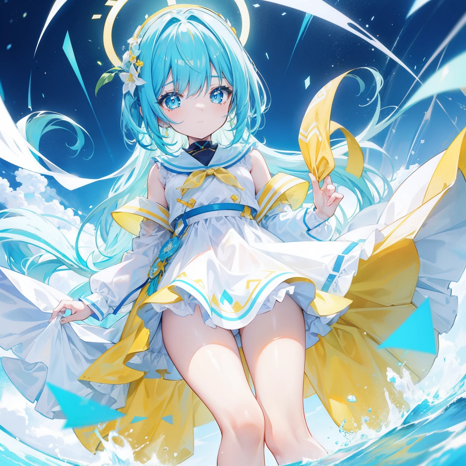 Glowing light cyan yellow with hair and pupils,Clothes in blue, yellow and white,Sweet girl,The whole is shining