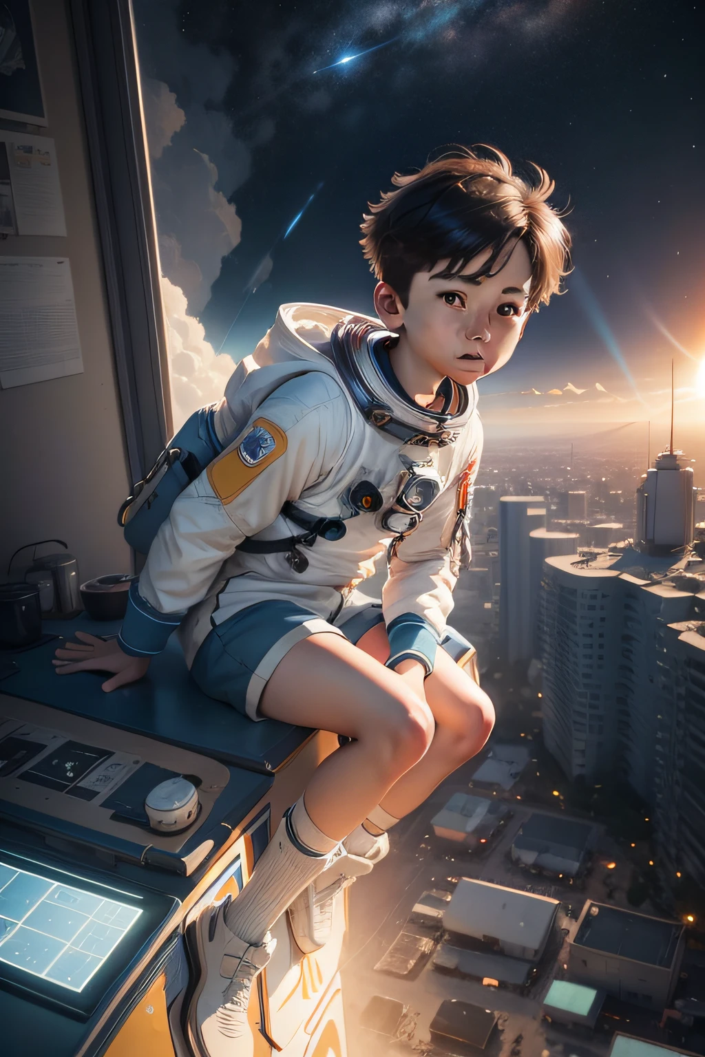 Once upon a time, In a small town, A boy named Hai lived. Hai loves space、His dream is to become an astronaut., In the style of Studio Ghibli, pastel tetradic colors, White background, 2d art, Cute and quirky, Fantasy Art, watercolor paiting, handdraw, Digital Painting, Low-poly, Soft lighting, Bird's-eye view, retro aesthethic, focused on the character, 4K resolution, photo realistic render, Using Cinema 4D