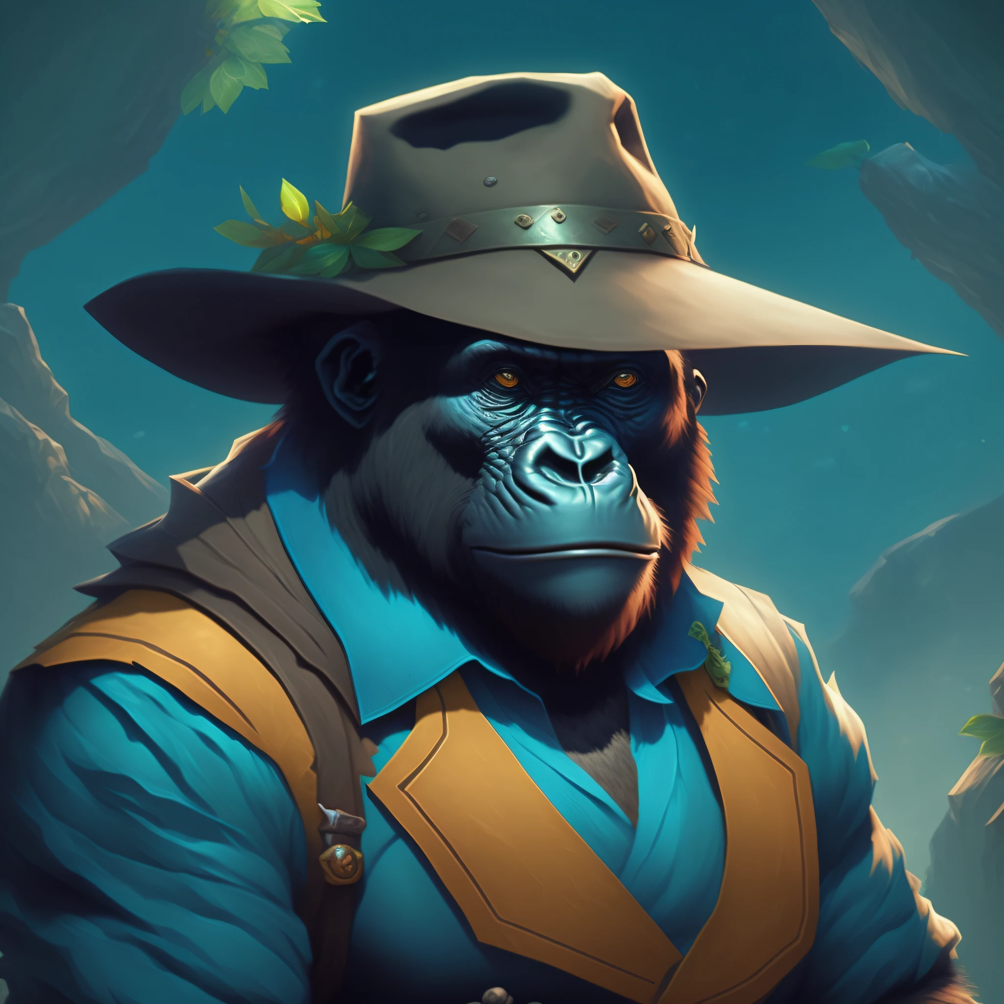 a close up of a gorilla wearing a hat and vest, bored ape nft, collectible card art, 3d ape shaman profile portrait, hearthstone card artwork, masterpiece anthro portrait, anthro art, gorilla