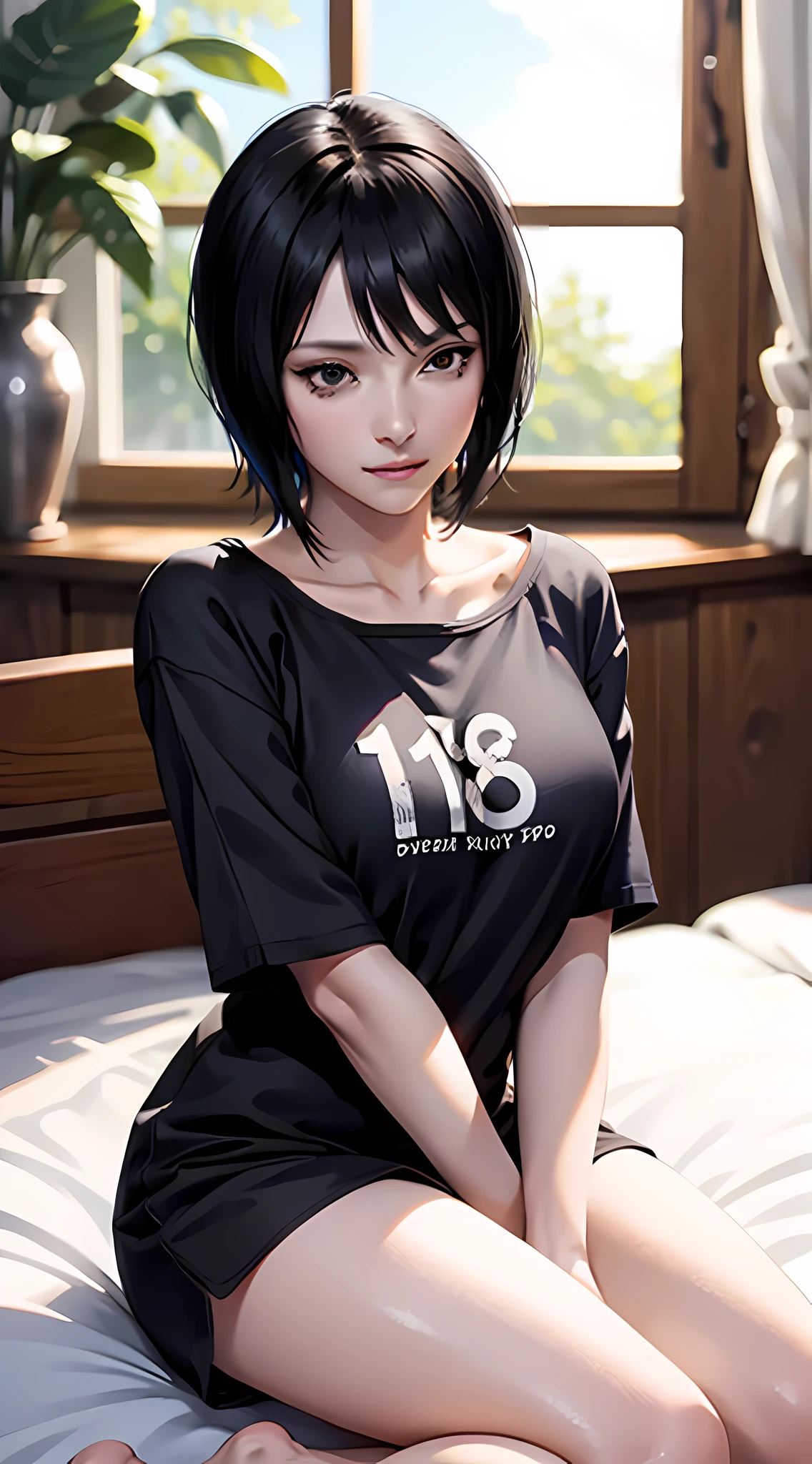 shizune from anime naruto, short hair, black hair, beautiful, beautiful woman, perfect body, perfect breasts, wearing black oversized t-shirt, black panties, in bed, bedroom, bed, sitting on bed, looking at the viewer with a slight smile , realism, masterpiece, textured skins, super detail, high detail, high quality, best quality, 1080p, 16k