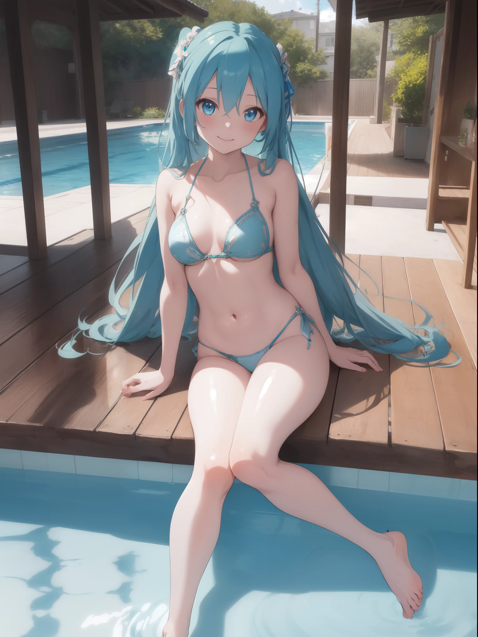 masuter piece, amazing, Fine details, Best Quality, Official art, the Extremely Detailed CG Unity 8K Wallpapers, Beautiful details that shine with light, (miku hatsune), (Full body), [(Sexy anime faces): 0.9], small tits, (one girls), Slender body, (Captivating and realistic anime women), Beautiful style, beautiful alluring anime woman, kindly smile, Masterpiece Portrait, Glowing blue eyes, on the poolside, Barefoot, Wearing a bikini,