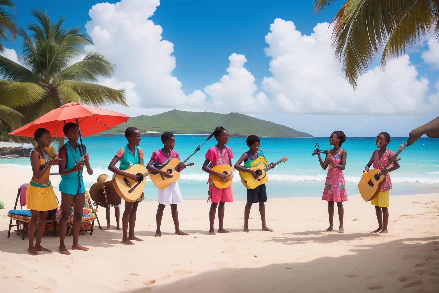 Year: 2018
Country: Saint Kitts and Nevis
Description: A group of agers from Saint Kitts and Nevis gathers by the shores of a pristine beach, where an impromptu ukulele performance takes place. The sound of their laughter mingles with the gentle waves, while colorful parasols provide a playful touch to the idyllic scene.