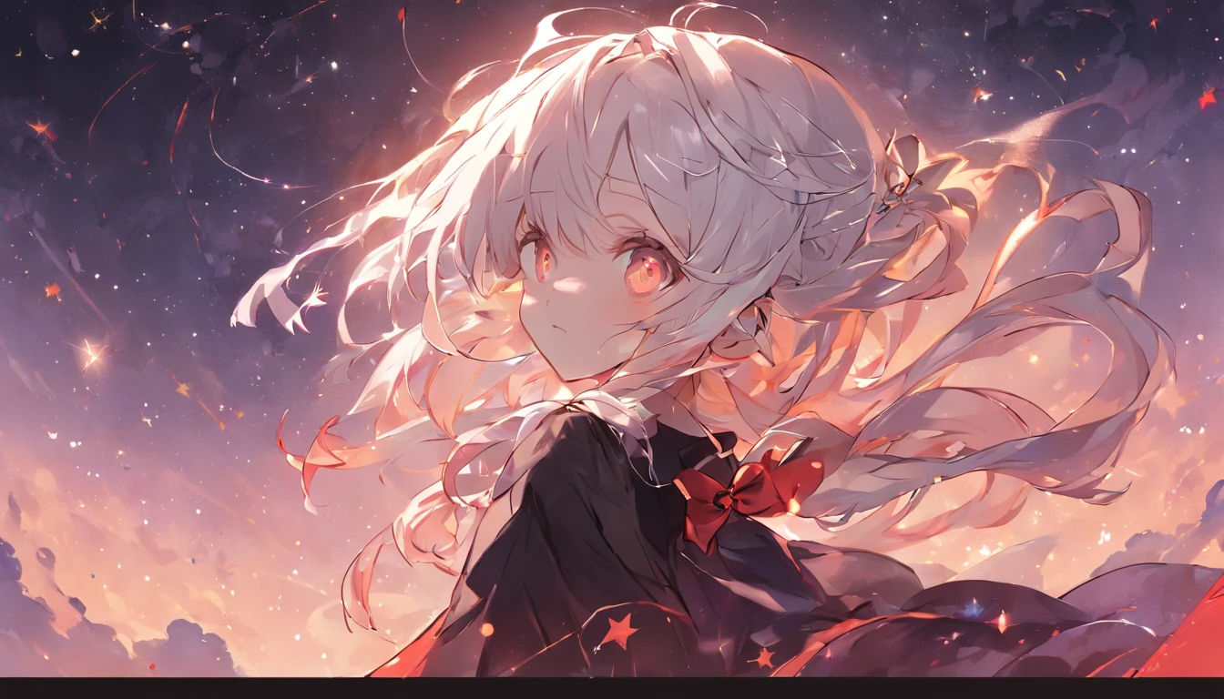 absurderes、hight resolution、(Official Art、Beautifully Aesthetic:1.2)、(Close View:1.15)、 (1girl in、White hair、Hair in the middle、yellow  eyes、radiant eyes、Black Long Dress、Red frills、:1.2)、simple background、（starrysky）、（nigh sky）、（starrysky）