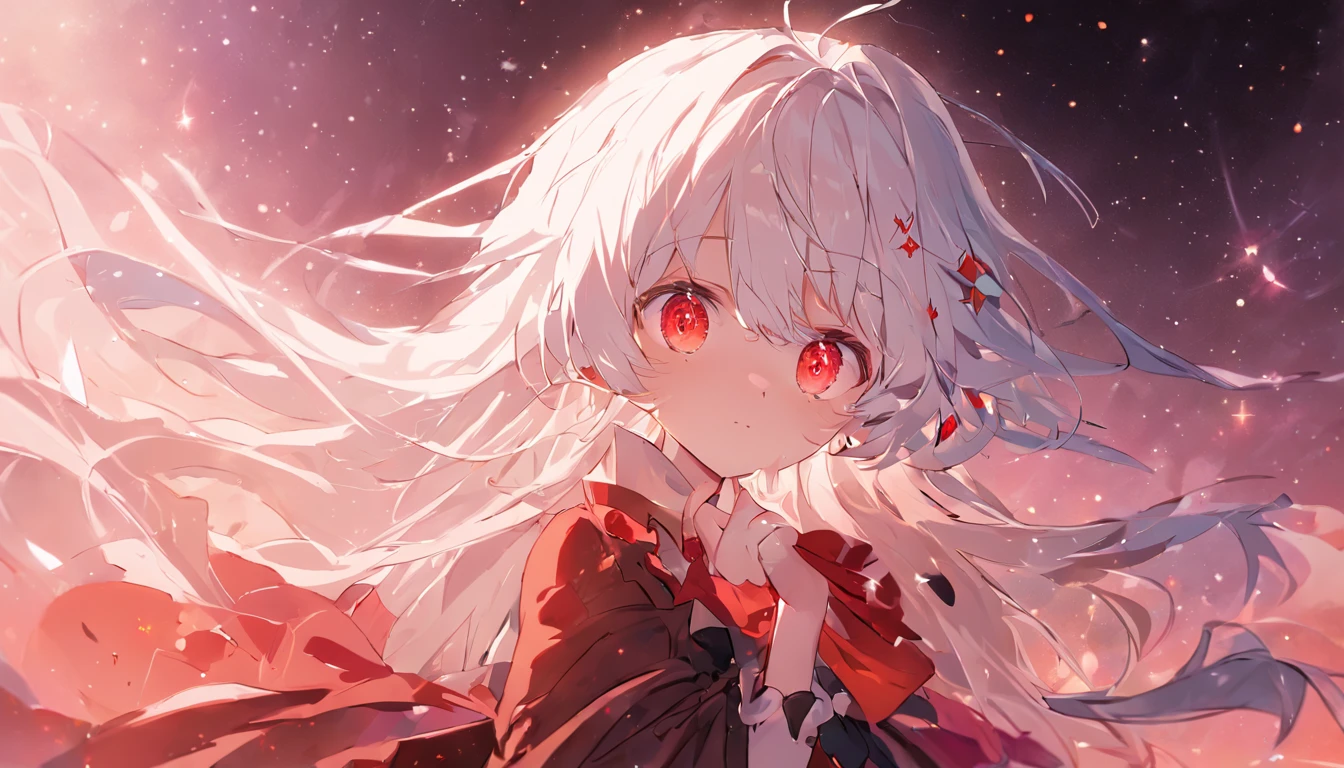 absurderes、hight resolution、(Official Art、Beautifully Aesthetic:1.2)、(Close View:1.15)、 (1girl in、White hair、Hair in the middle、yellow  eyes、radiant eyes、Black Long Dress、Red frills、:1.2)、simple background、（starrysky）、（nigh sky）、（starrysky）