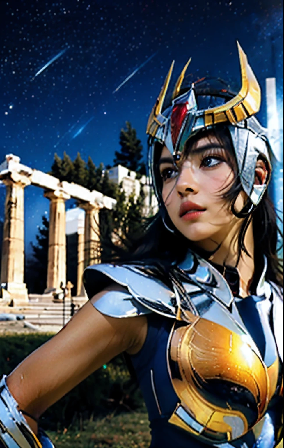 masterpiece, best quality, ultra high res, realistic skin texture, armature, (photorealistic:1.4), high resolution, raw photo, 1 girl, shiny skin, (detail skin:1.2), realistic skin texture, best lighting, sparkle, dramatic lighting, dynamic pose, (greek temple background:1.2), (night sky:1.1), cosmos, milky way, golden armor, (cleavage), Phoenix_Ikki, (big breast), (helmet:1.2), tanned skin, black hair, (silver breastplate:1.4), (helmet), blue shirt, fire, serious face