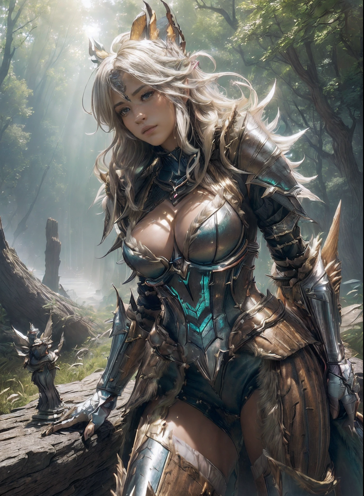 ((((of the highest quality:1.4))), (Fine Art:jean baptiste monge),(unparalleled masterpiece ever), (Ultra high definition), (Ultra-realistic 8K CG), Put your hands on your hips,Beautiful Female Ranger ,Seen from below,, stunningly beautiful face, (muscular body:1.2),Fantasy worldview,beautiful shadow、(Magical mystical background, Ethereal fog, Faint darkness), The tree々Sunlight in between adds depth to the image ,Highly detailed Nergigante Armor, 8 life-size,, Messy platinum hair:1.2, in woods, Wind-effect, Ultra realistic cover photo awesome full color, (Hyper Detail: 1.2), , Perfect Anatomy, Cinematic,,