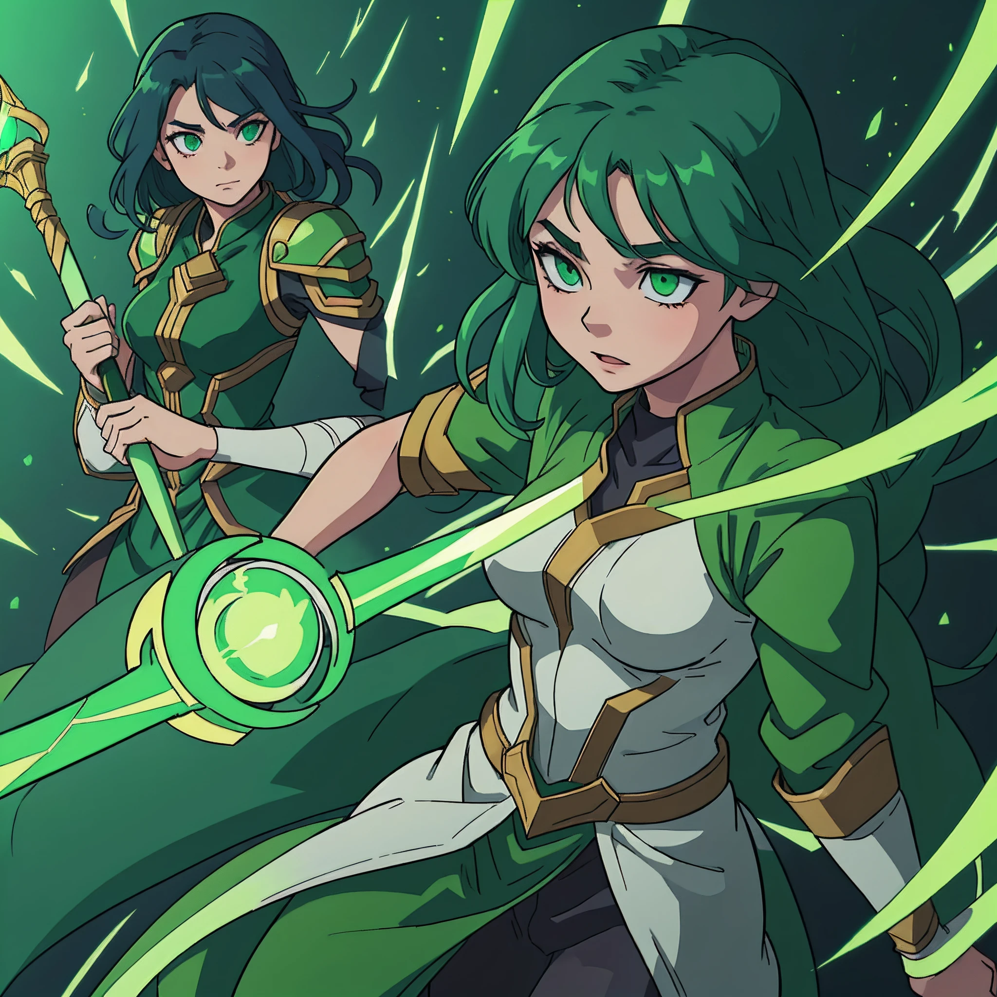 woman, age 25, anime cell shading, inspired from loki, loki costume, green magic, green aura, green glowing eyes, holding a magical sceptre, lies, deceptive background, intense, intricate details, masterpiece, highly detailed