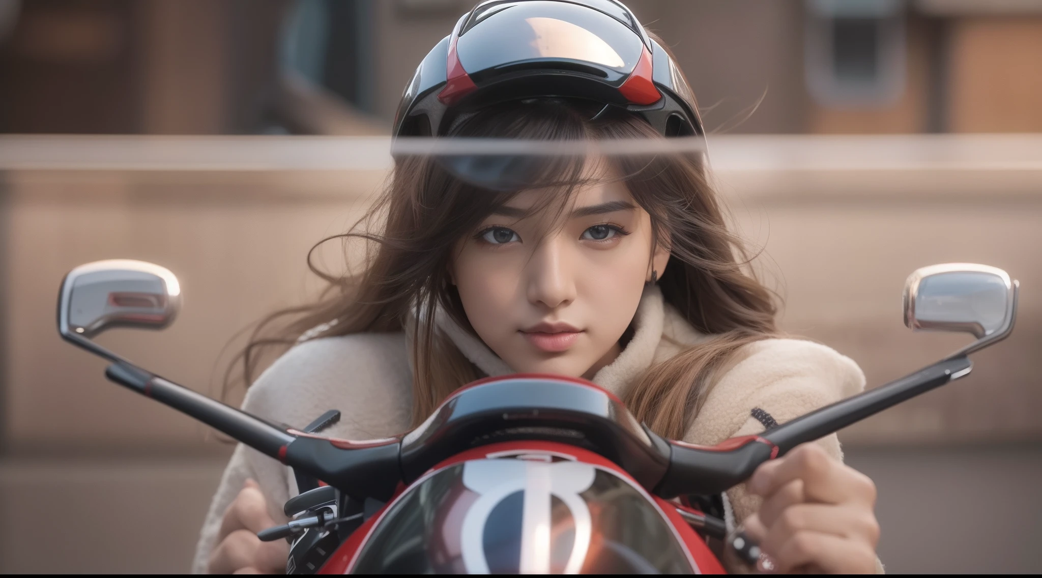 Raw Photo,4k best Quality,Japanese model girl,(High Detailed eye, High Detailed nose, Ivory Skin, Realistic, Brown Long Hair,Emo Curl Style Hair,Slim body Shape, Sports Type Dress,)Full Suit,NSFW,She Ride a Motorcycle at Road,(Yamaha R6 Motorcycle, Sponsored by Yamalube,Model 2021,),City Blur Background, Shadow Cenimatic Lighting, masterpiece,