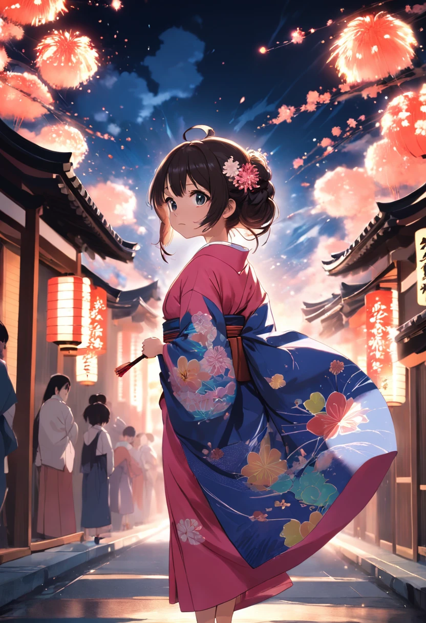 A girl in a kimono walks down the street，Behind you are fireworks in full bloom，Happy and happy，Japanese atmosphere，Hair tied up