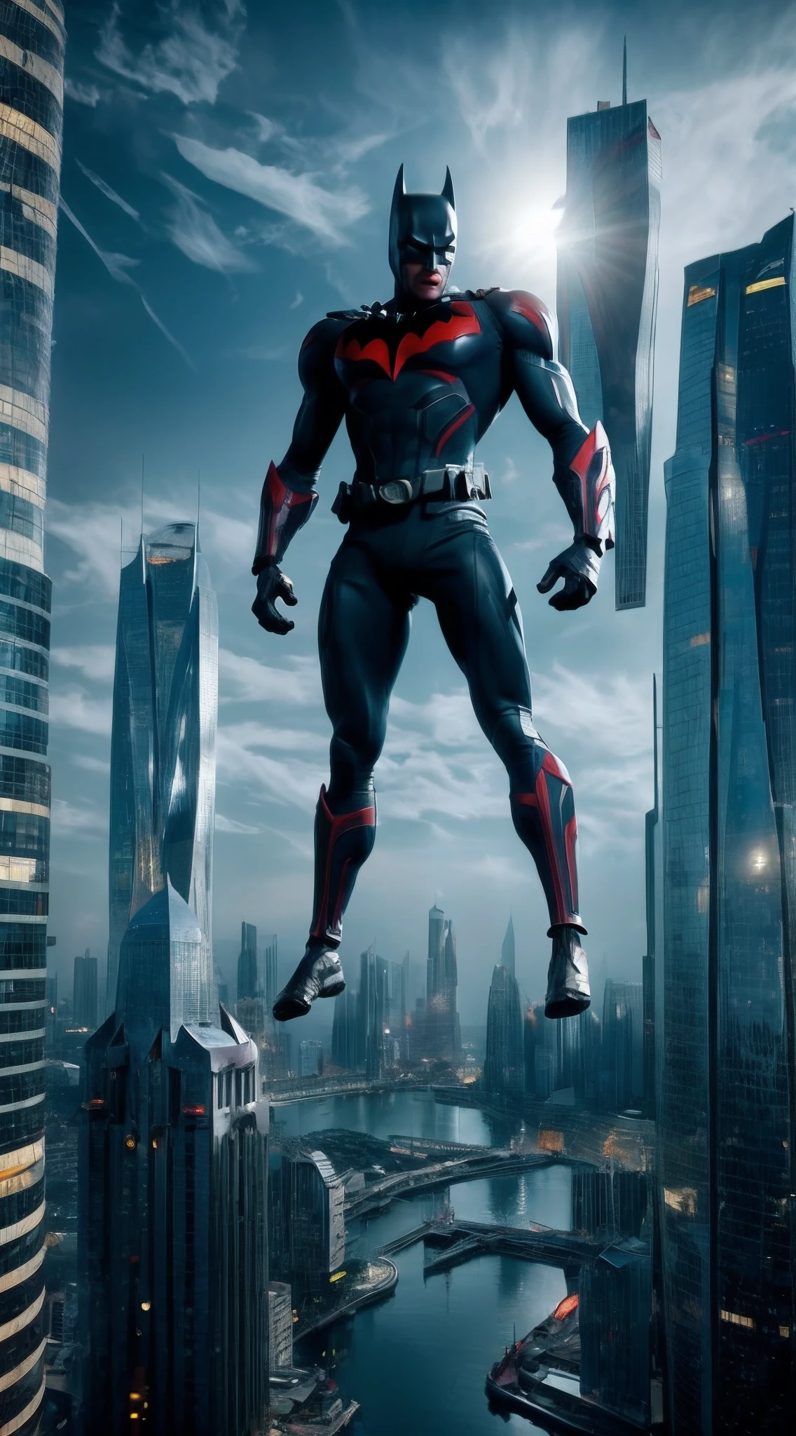 Batman beyond standing on a ledge on top of a skyscraper, wearing large cape, dark, moonlight, dystopian, gritty, masterpiece, unique, amazing, detailed, futuristic