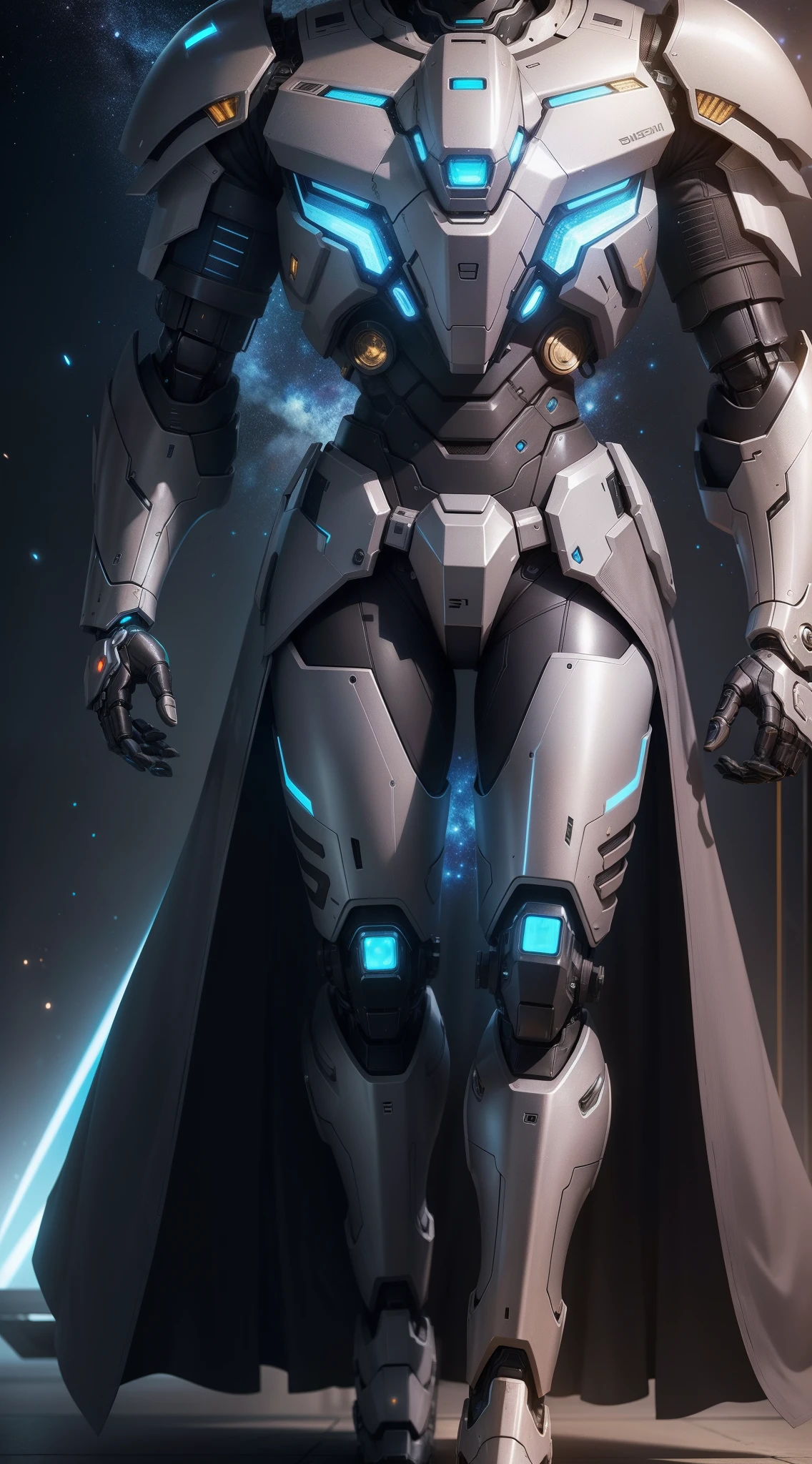 Men's All Inclusive Mechanical Armor Full Body Close-up，Dark blue，The background is a galaxy, Male wearing mecha cyber armor, Mecha Inspiration, blueshift render, intricate glowing mecha armor, Male mech, Space armor, high definition cgsociety, Cyberpunk anime male mecha, detailed cosmic angelic robot, Cyber Mech, 4k highly detailed digital art, Mecha suit