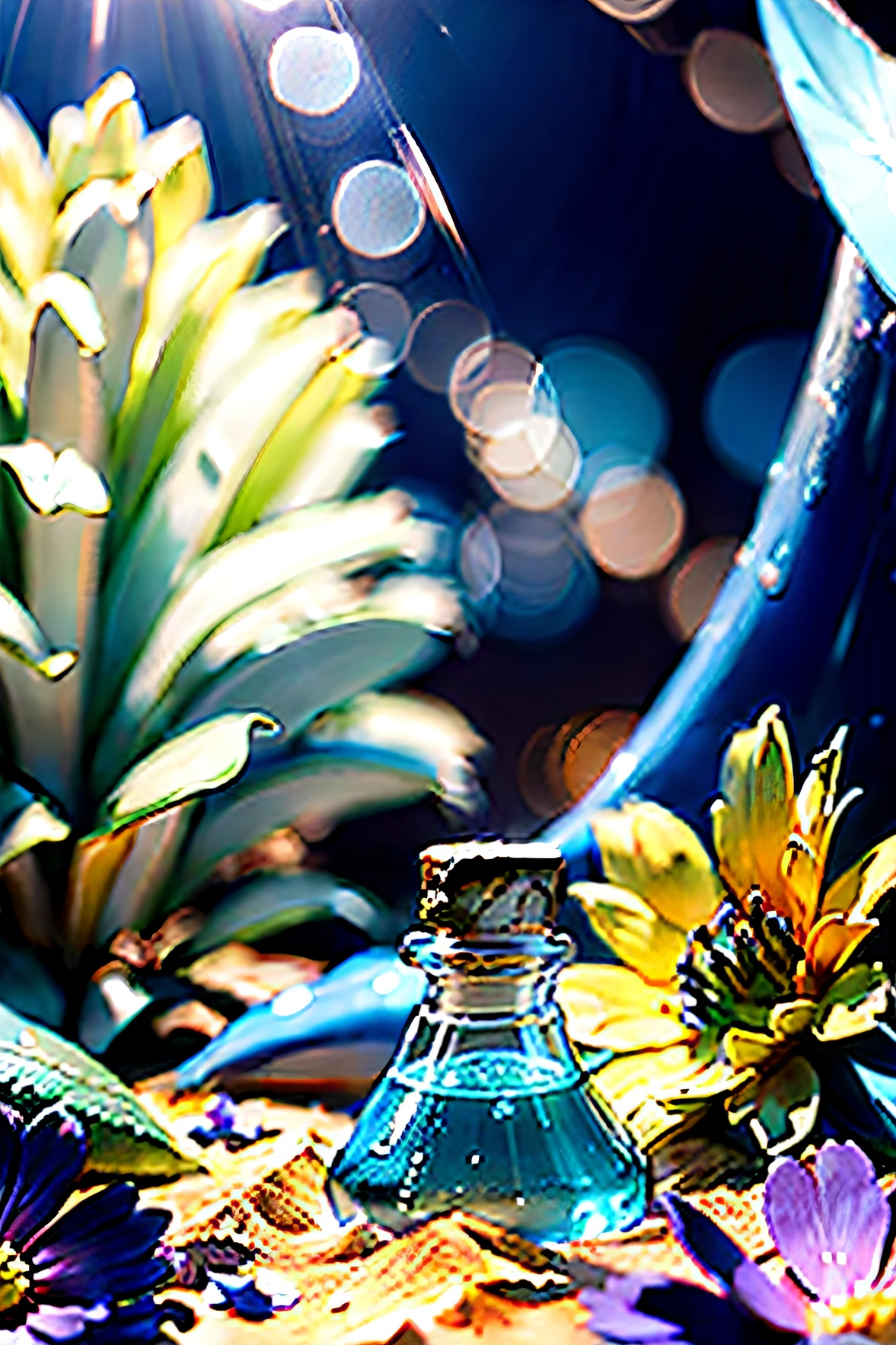 Product Photography :: The main theme is Shampoo with blue sky, Some clean sand :: Morandi color matching :: 2 surrounded by flowers with petals falling, sunlight refracting, high detail, high quality, photography, 8k, octane render, profile:: fujifilm Xf f/1.8, 70MM, epic lighting, iso200 shot by Canon clean images --ar 3:4