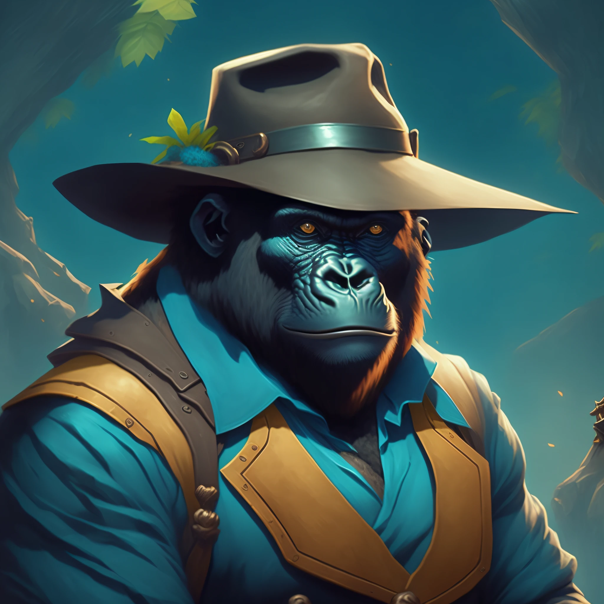 a close up of a gorilla wearing a hat and vest, bored ape nft, collectible card art, 3d ape shaman profile portrait, hearthstone card artwork, masterpiece anthro portrait, anthro art, gorilla