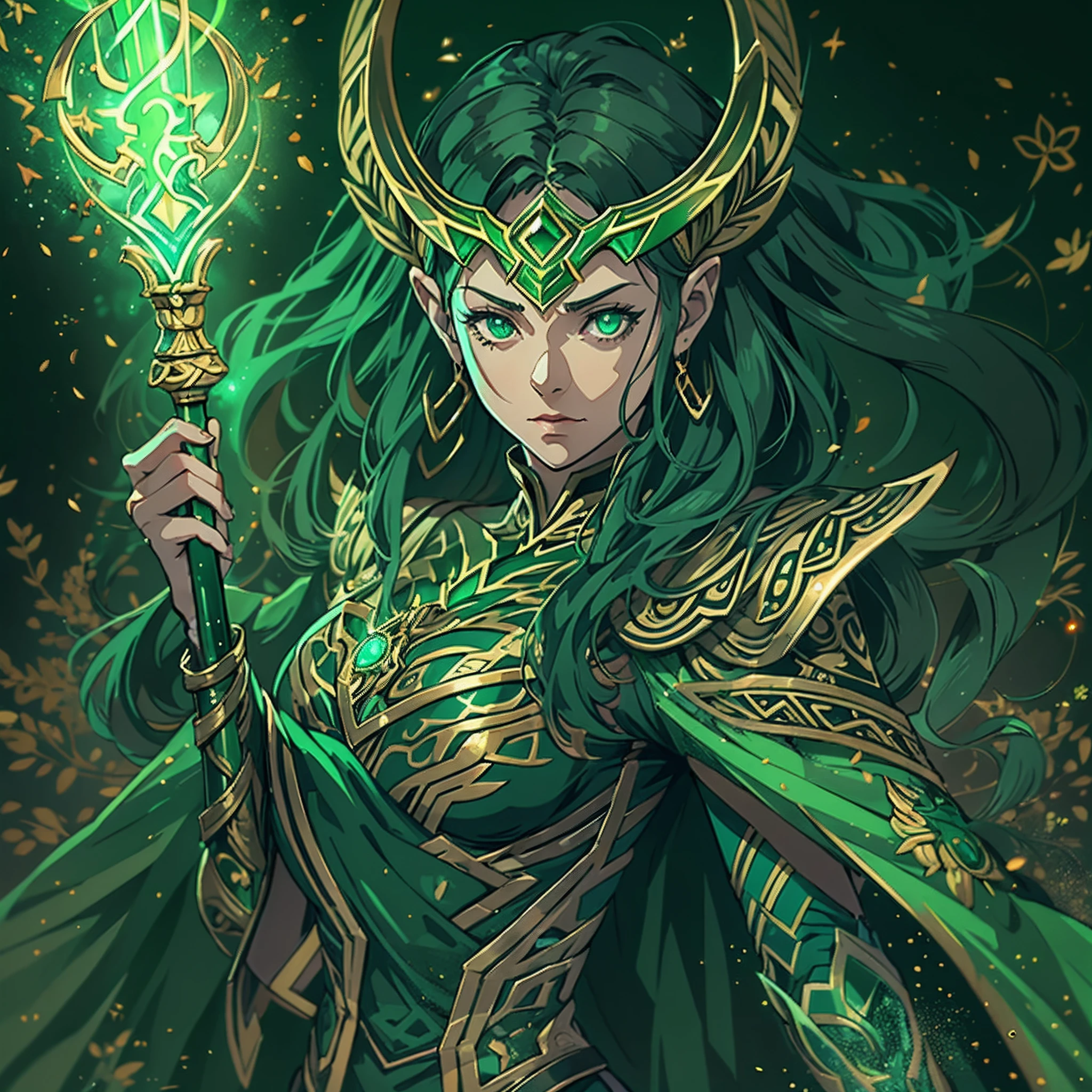 woman, age 25, anime cell shading, inspired from loki, loki costume, green magic, green aura, green glowing eyes, holding a magical sceptre, lies, deceptive background, intense, intricate details, masterpiece, highly detailed