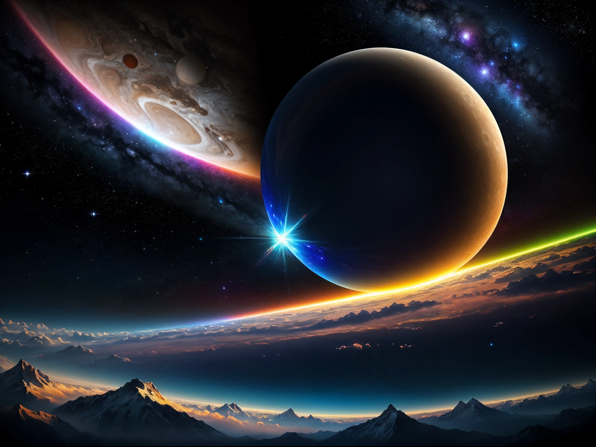 Realistic, (Infinite Universe, Dichroic Glossy, Luminous:1.3),[Black Hole:nfinite Universe:20], [Sun::moon:20], [Jupiter::earth:30], very wide shot, scenery, detailed background,amazing detailed,