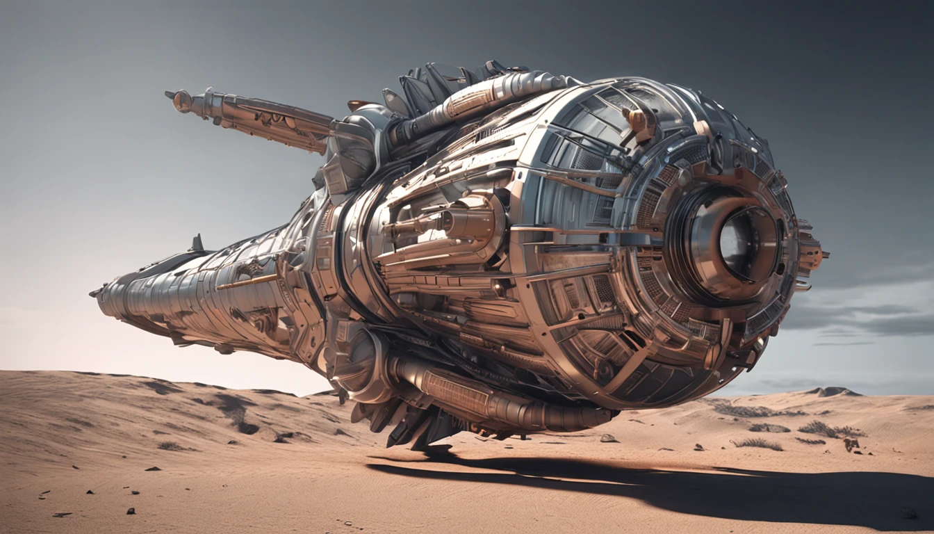 A spaceship with old-fashioned gears and tubes seems to defy the laws of physics with grayscale colors