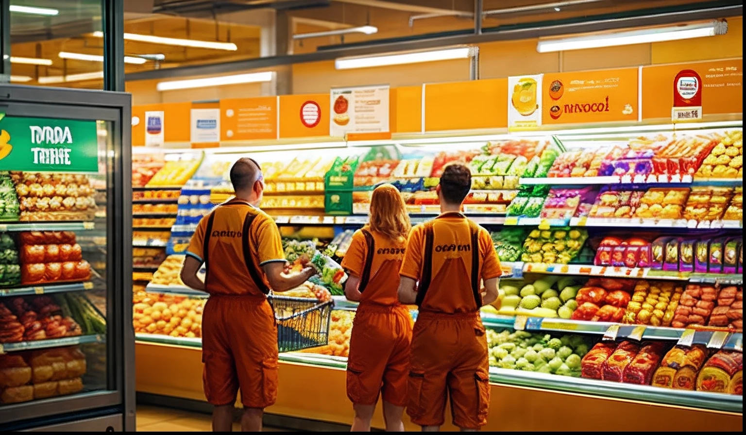 Supermarket employees wearing orange clothes at the supermarket，Lots of food and drinks around，There are a lot of people，It's summer, and the sun is shining on the transparent glass，She smiled happily