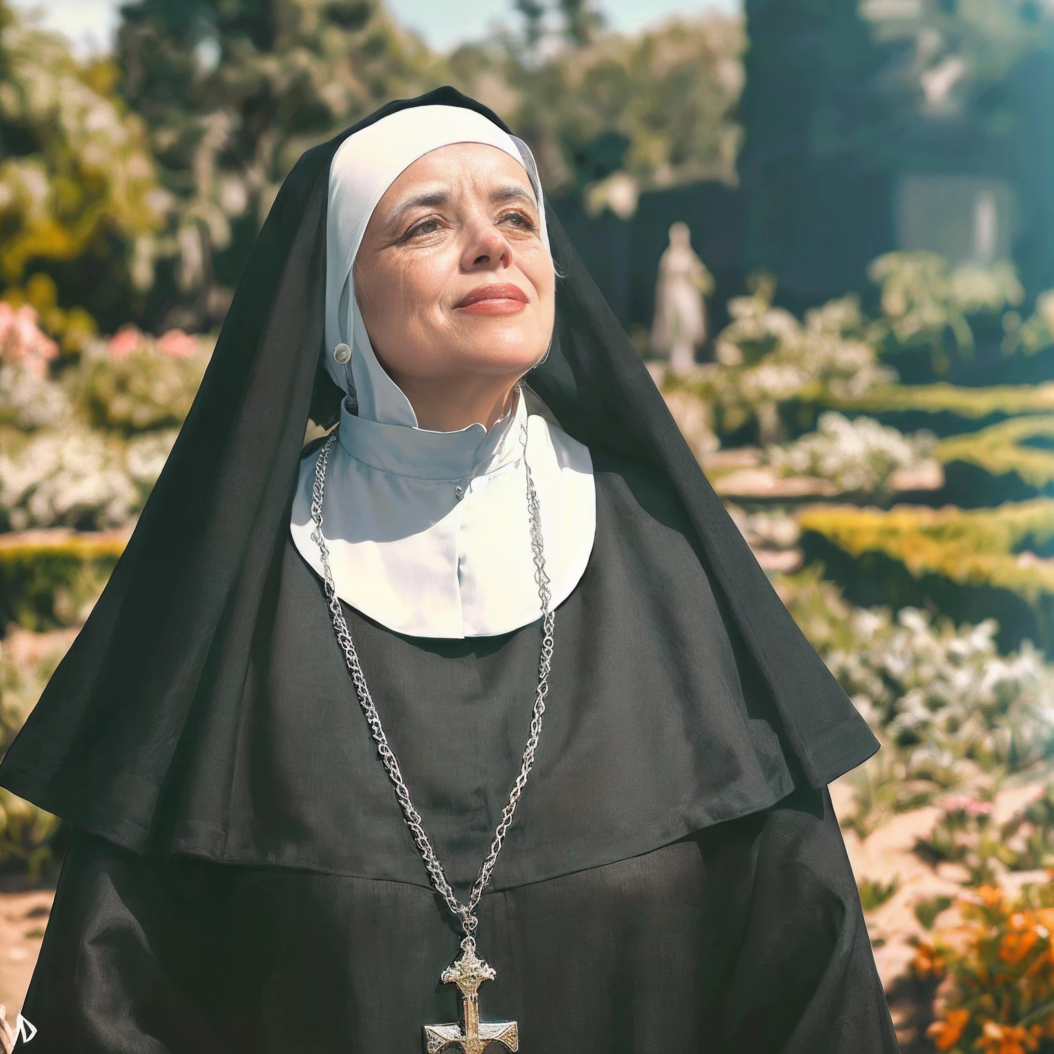 Freira idosa em manto preto com colar de cruz e corrente no jardim, Bem Modelo de Moda, agora, modelo de moda freira olhando para cima, Billie Eilish como uma freira triste, majestosa mulher de santo, Billie Eilish como freira, Bem Enxoval, Uma freira malvada, Vampiros Agora, santa mulher, Retrato gracioso santo, Madre Teresa, Arte digital, mother sarah artist, figura de cera