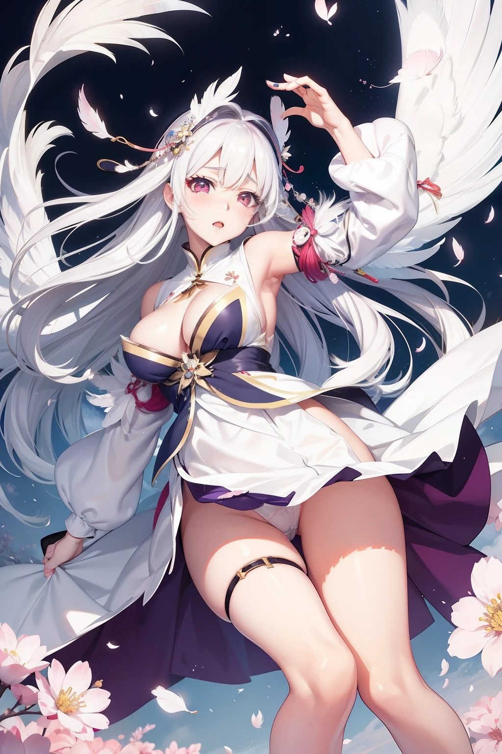 anime styled。illustratio。Fantasia。White feathers。girl with。lipsticks。eye glass。is in estrus。undergarment。Background with scattered flowers。Colossal tits。pubick hair。teats。a miniskirt。Shy。Turning around and sticking out your butt。