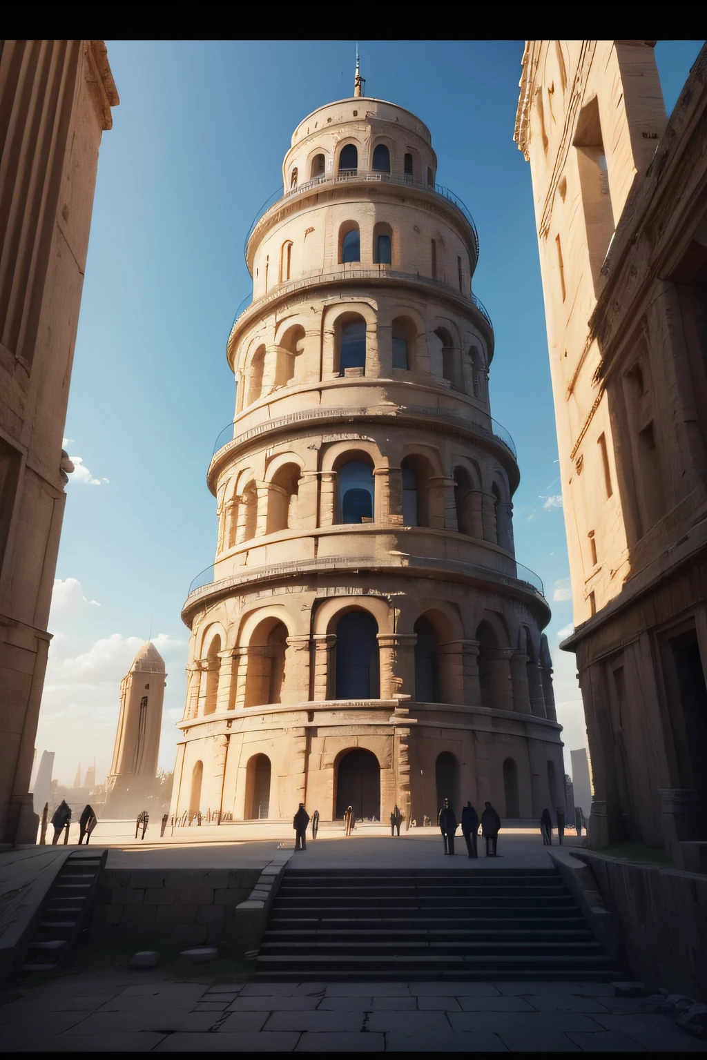 At the beginning of the video, You can show an image of an ancient city to create a sense of context.
When you are narrating the construction of the tower, You can show pictures of people working together.