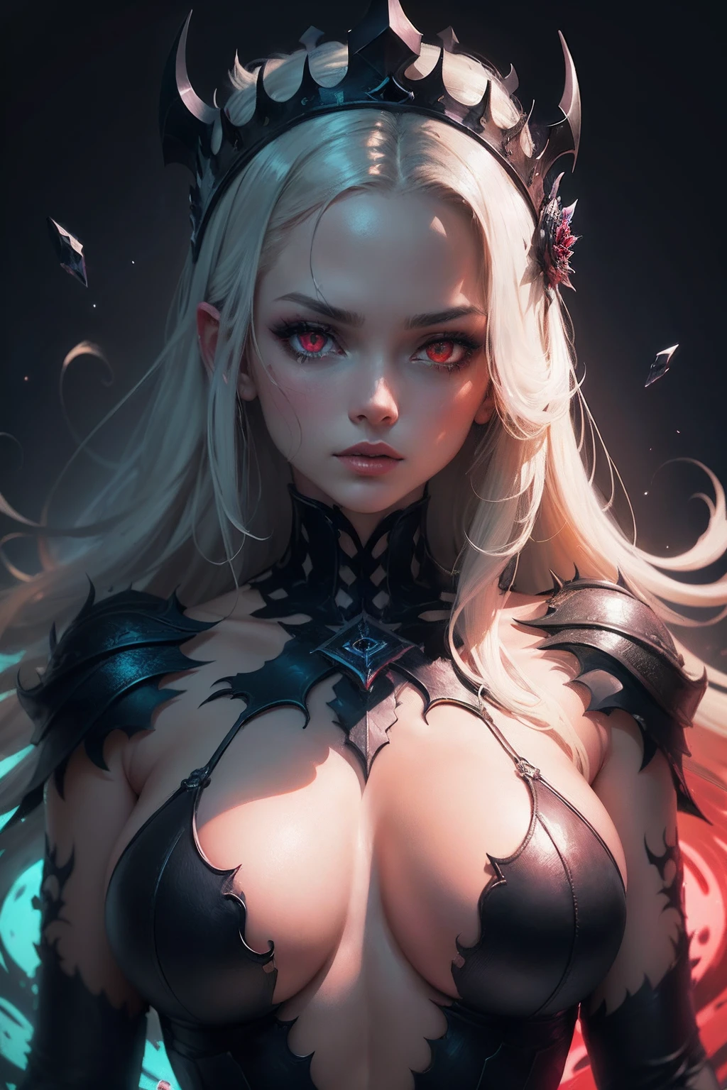Ambilight, masterpiece, ultra-high quality, (ultra detailed original illustration), Perfil Portrait of a beautiful Demon Girl, Upper body, Crown of Bones, ((Evil Fashion)), (Red Eyes:1.5, Double exposure, fusion of fluid abstract art, Glitch, 2D),(Gothic Original illustration composition), fusion of limited color, Fractal Geometric, (Comic art), (big breasts:1)
