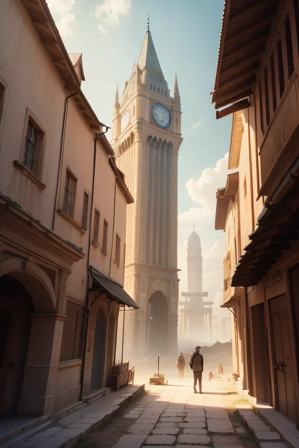At the beginning of the video, You can show an image of an ancient city to create a sense of context.
When you are narrating the construction of the tower, You can show pictures of people working together.