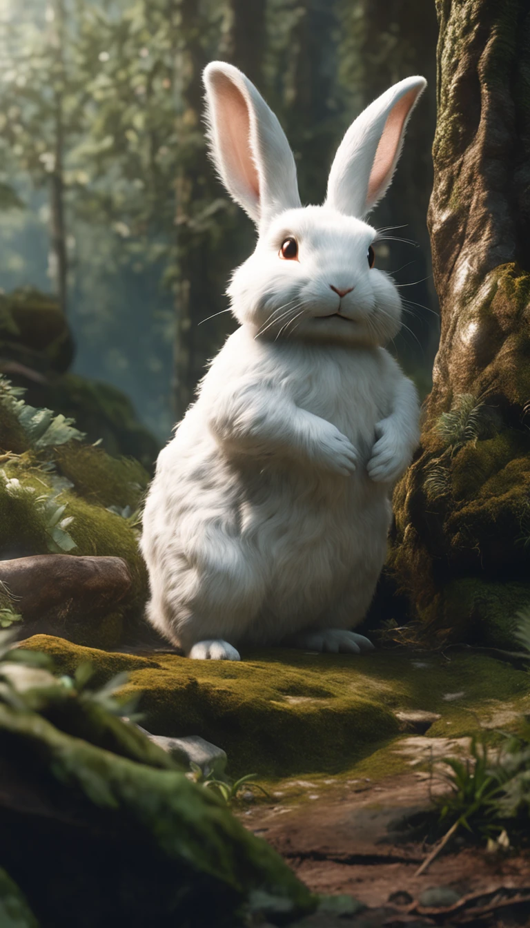 Classic negative portrait photo, fantasy video game character concept art, a cute white fluffy rabbit with a small brown leather backpack looking at a map hiking through the forest, dungeons and dragons, fantasy, river, haze, halo, Bloom, dramatic atmosphere, dark fantasy film of the 1970s, centered, rule of thirds