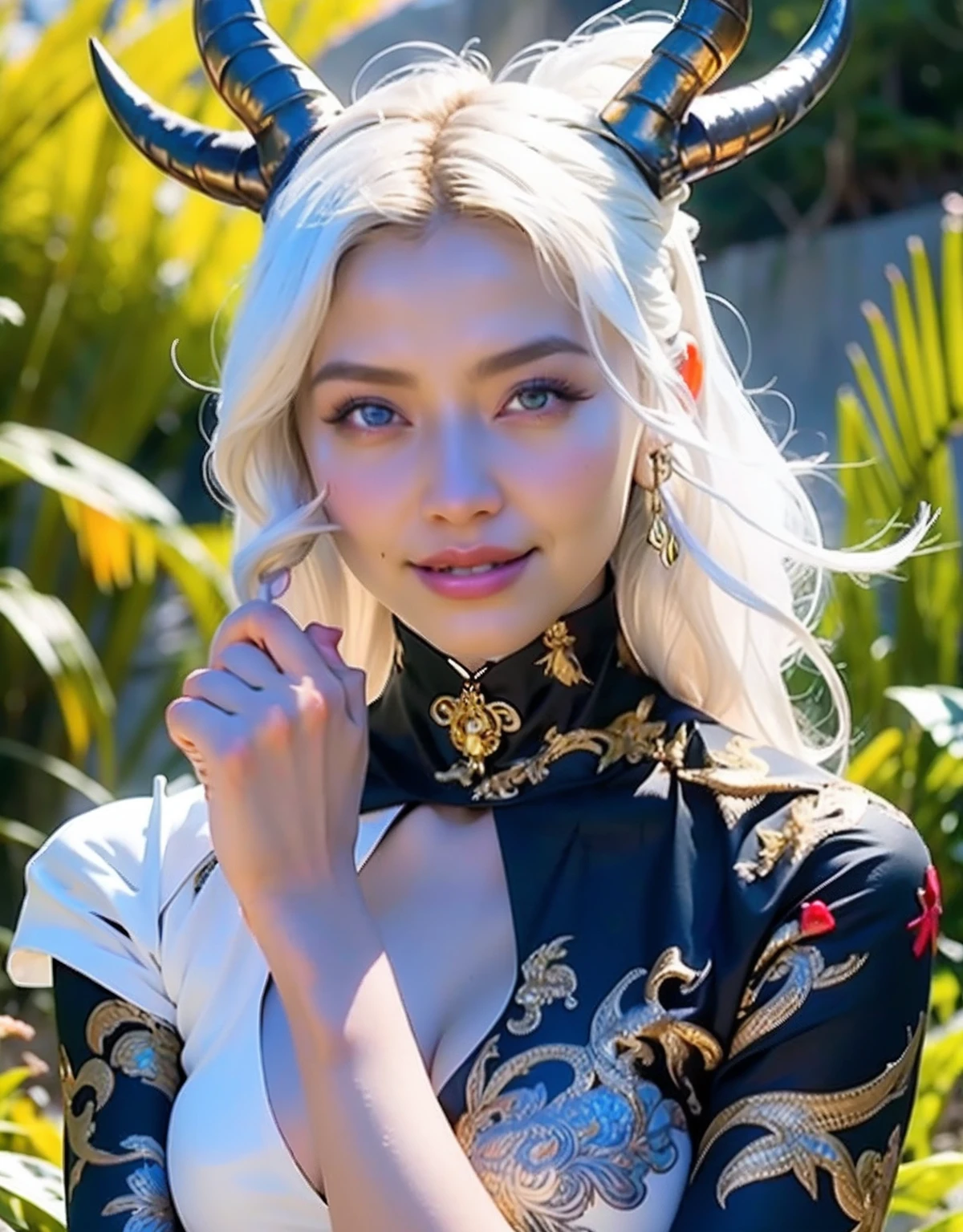 Professional , masterpiece、top-quality、photos realistic , depth of fields 、Idle Smile、(Devil's Wings Grow)、(World of Darkness)、Mansuji、Beautiful ass、(White Gemstone Body:1.2),Ball of light from the hand、(Matte white with gold pattern、Mystical expression、(cleavage of the breast)、intense fighting、Take different poses、Particles of light),(Gorgeous gold weapons) ,Tattoos all over the body、(( Dragon dense and gorgeous dragon sword)) , (demonic wings) ,intense fighting、warhammer 40k 、((White hair))、(Castle background)、(Colossal tits)、((Gangle's forest background))、Beautiful Caucasian beauty、1a person、dynamic ungle,(((Two devil's horns on the head)))、Smaller head、Thin and beautiful female hands、cleavage of the breast、Mystical expression、Light Effects、intense fighting、Wind-effect、magic circles、With the legendary magic wand、Dragon's tail、