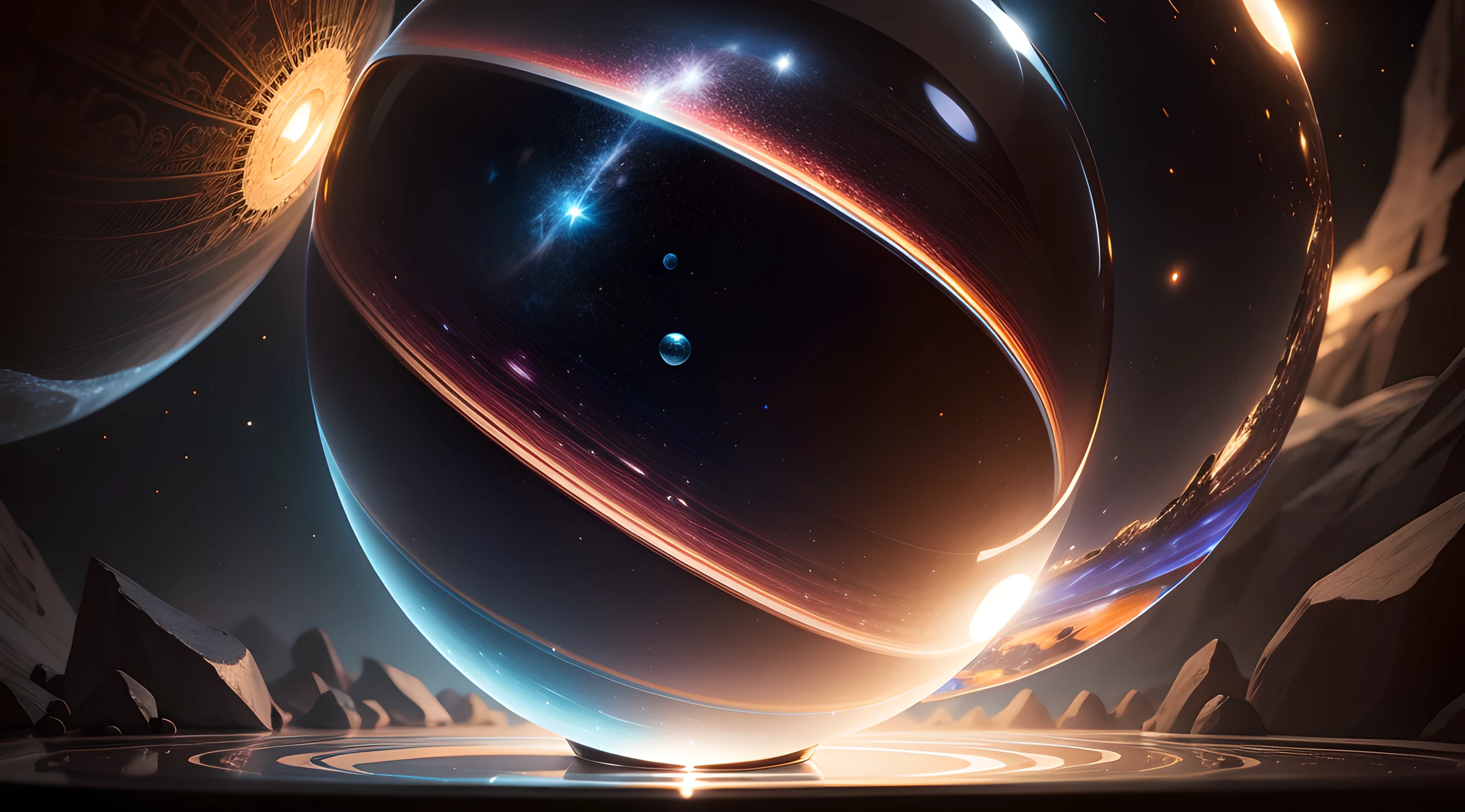 solo, a crystal ball reflecting the whole starry universe, best quality, masterpiece, UHD, dynamic lighting, cinematic lighting, award winning