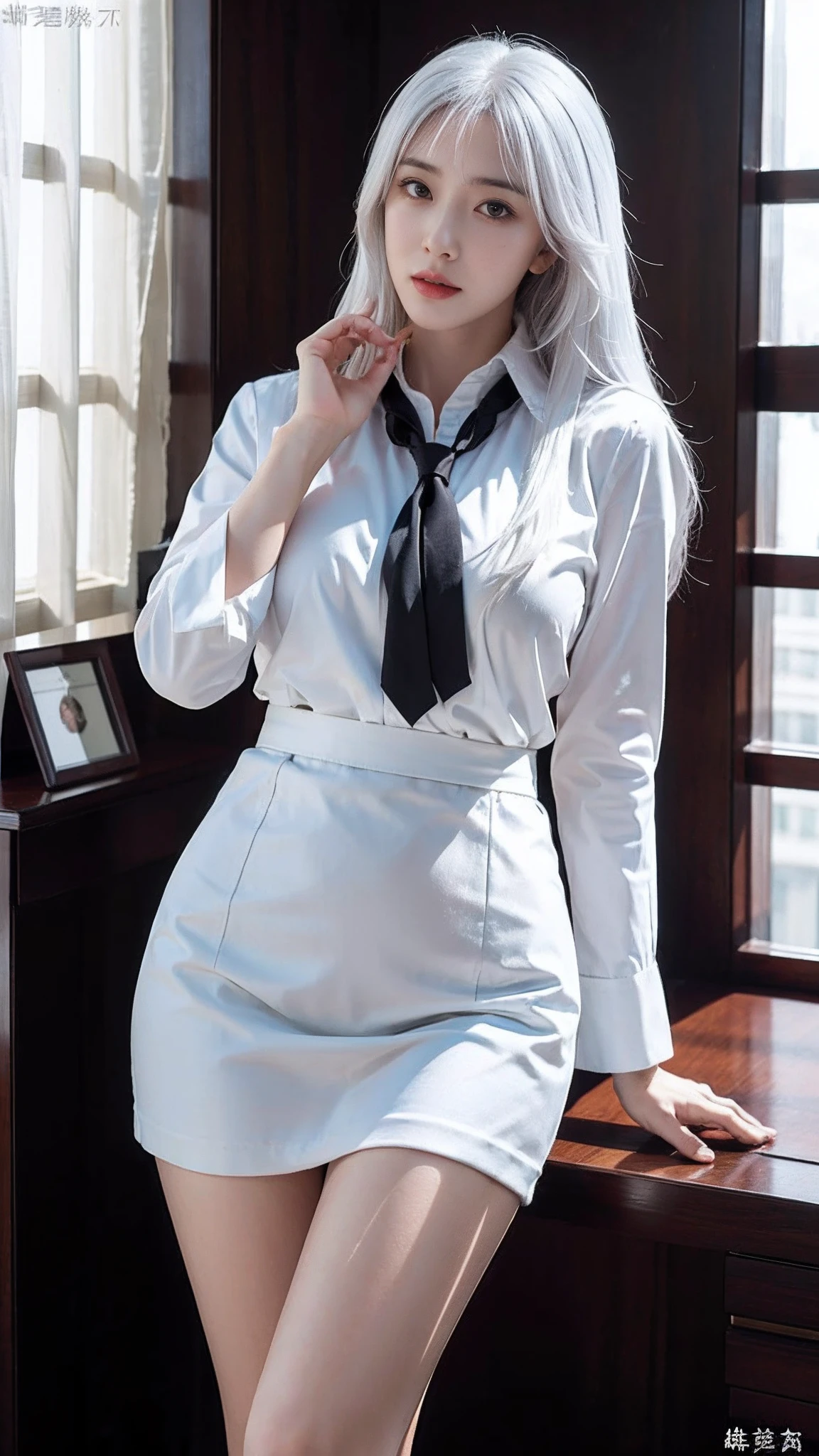 Photorealistic, high resolution, 1 Women, Solo, Hips up, view the viewer, (Detailed face), White hair, Long hair, Secretary uniform, Skirt