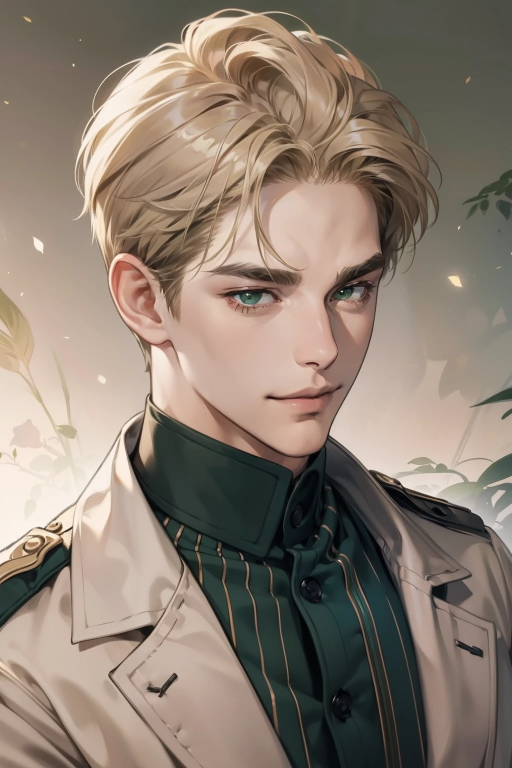 masterpiece, best quality, realistic, 1man, mature male, quiet and charming young man, 18 years old, smirk and look on the side, closed mouth, portrait, extremely detailed face, smirk, (dark green eyes), (short-side-swept sandy blonde hair)), [thick eyebrows], (detective clothing)