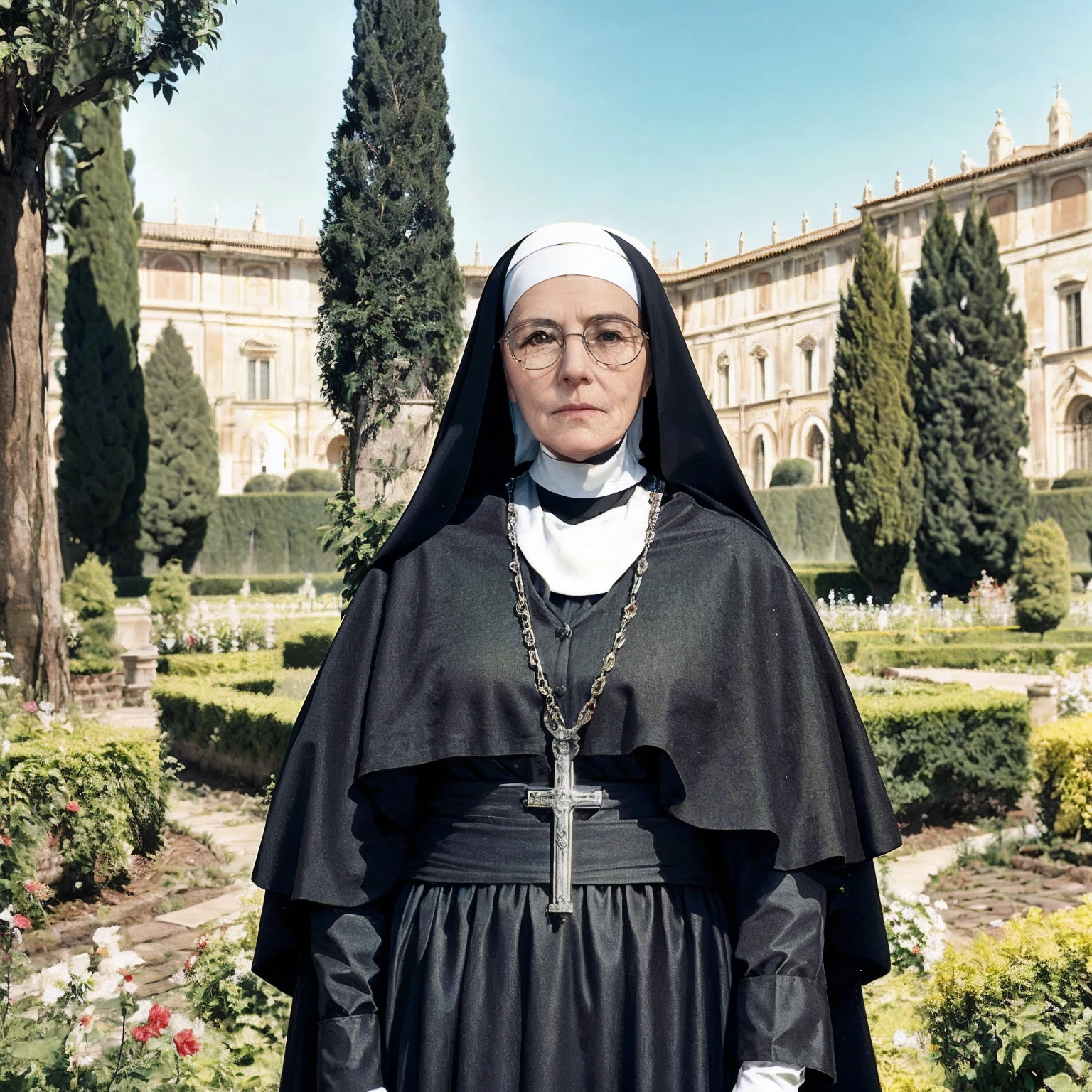 Elderly nun in color photo is standing in front of a garden, agora, Bem Modelo de Moda, majestosa mulher de santo, Bem Enxoval, Segredos dentro do Vaticano, Os segredos dentro do Vaticano, Cinebiografia, arte magistral, obra-prima', vista deslumbrante, foto realista, cinematic