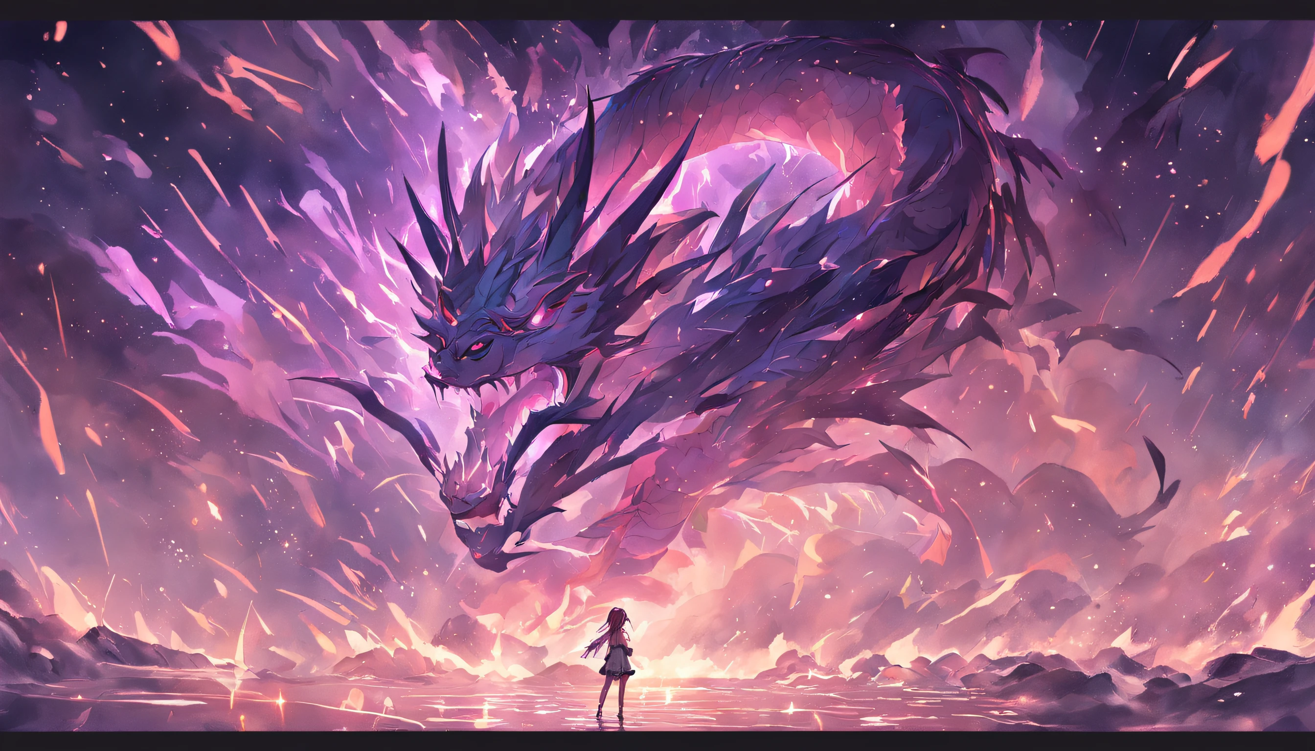(shoun),Hand-held bamboo cane,(Purple dragon),(Lightning dances in the air),(Lightning effects:1.5),Elongated dragon body,elevation,Faraway view,super detailing,best qualtiy,tmasterpiece,8K,Extremely detailed,Epic artwork