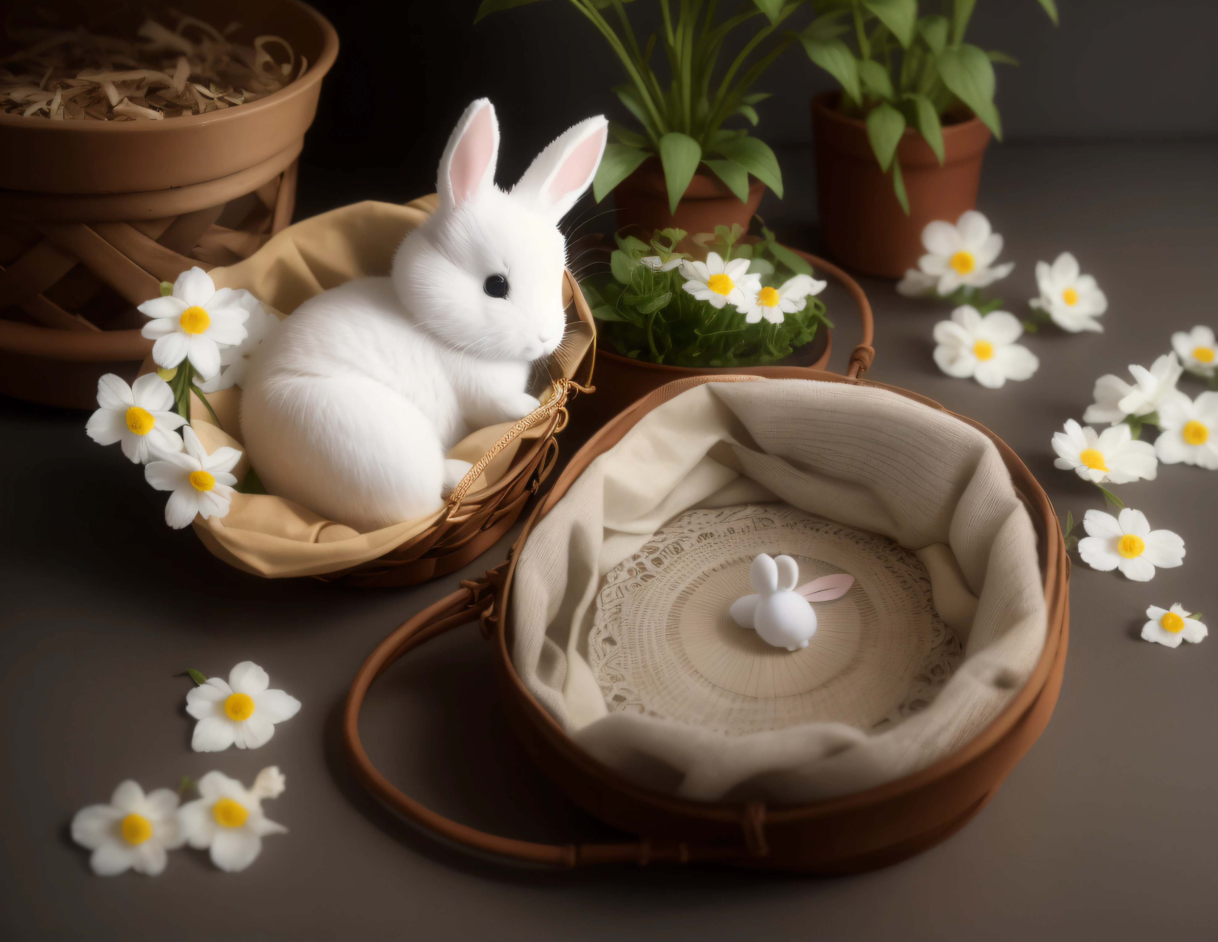 In the basket next to the pot is a small white rabbit, plushie photography