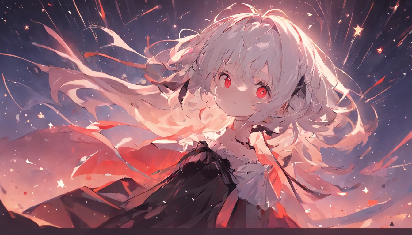 absurderes、hight resolution、(Official Art、Beautifully Aesthetic:1.2)、(Close View:1.15)、 (1girl in、White hair、Hair in the middle、yellow  eyes、radiant eyes、Black Long Dress、Red frills、:1.2)、simple background、（starrysky）、（nigh sky）、（starrysky）