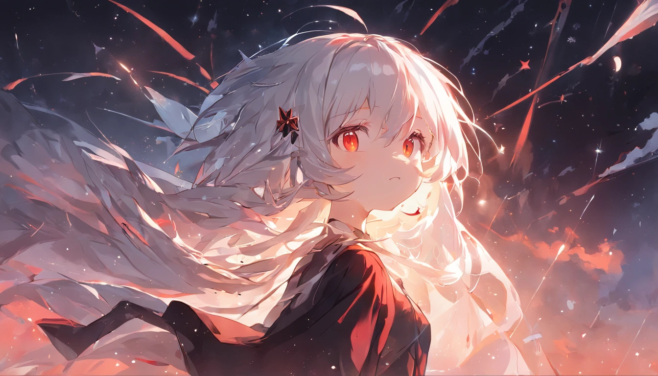 absurderes、hight resolution、(Official Art、Beautifully Aesthetic:1.2)、(Close View:1.15)、 (1girl in、White hair、Hair in the middle、yellow eyes、radiant eyes、Black Long Dress、Red frills、:1.2)、simple background、(starrysky)、(nigh sky)、(starrysky)