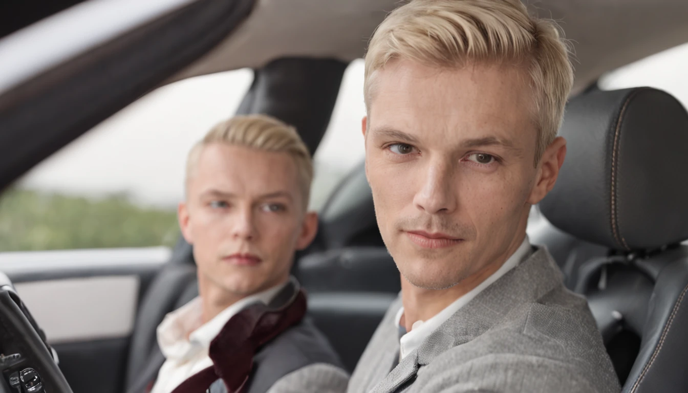 a mid 40's male with short blonde hair sitting in the drivers seat of a lambo