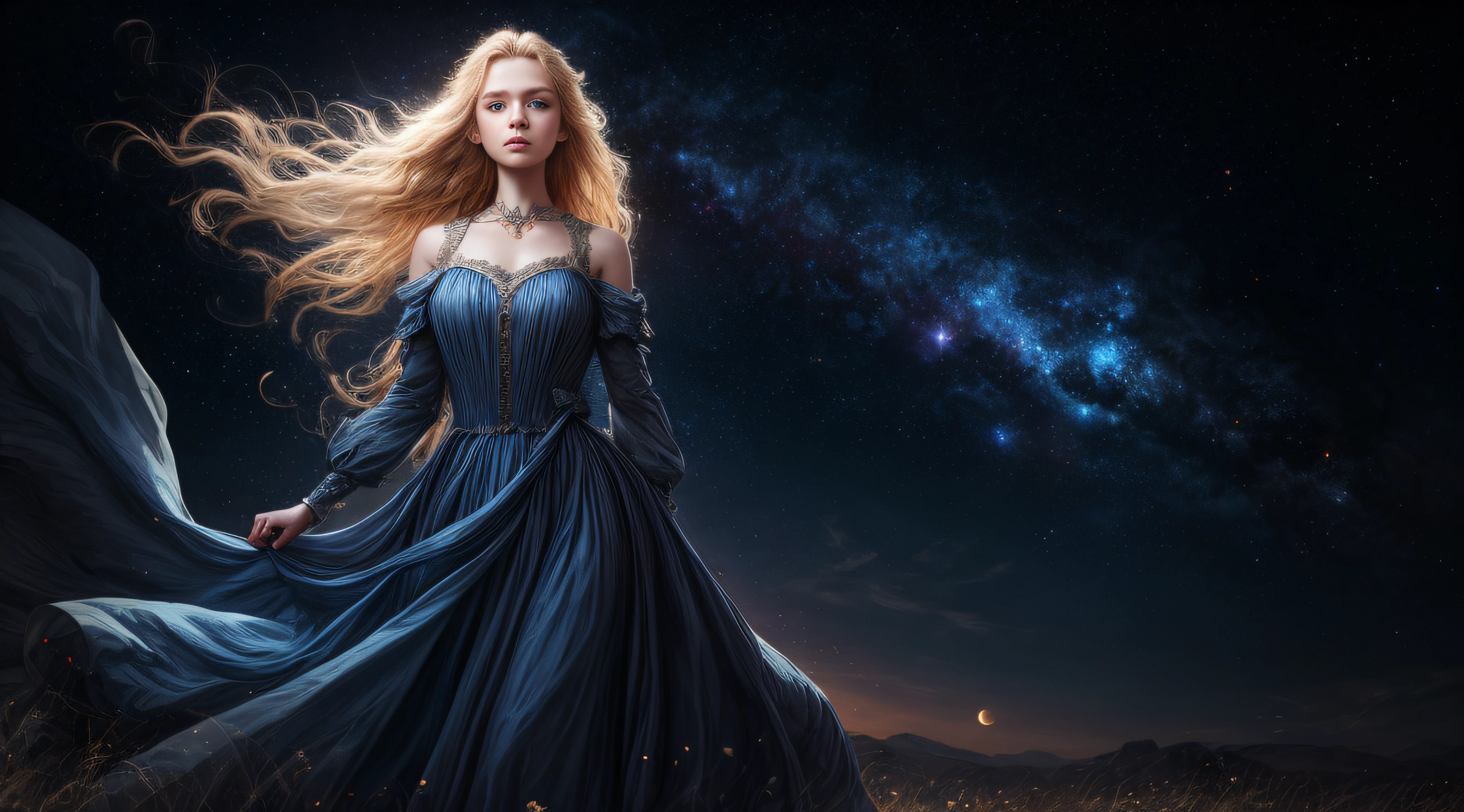 (best quality, masterpiece), young woman, pose, particle, wind, flower, upper body, night eclipse background, looking at viewer, long straight windblown blonde hair, detailded blue eyes, medieval princess blue dress, galaxy, backlit, rimlight, beautiful artwork, perfect composition