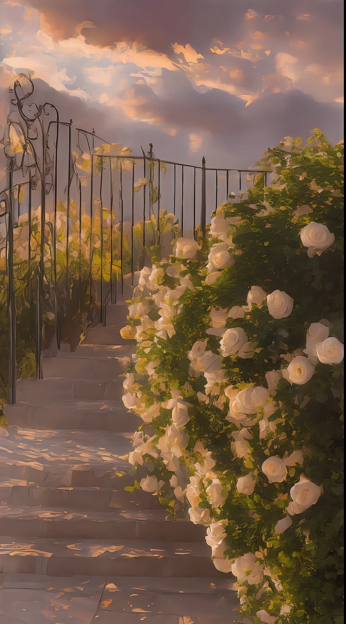 the sunset，Villas，Wooden stairs，White roses，The layer extends underneath，中景 the scene is，farsightedness，Clear aesthetics，detail，High quality paintings，8K