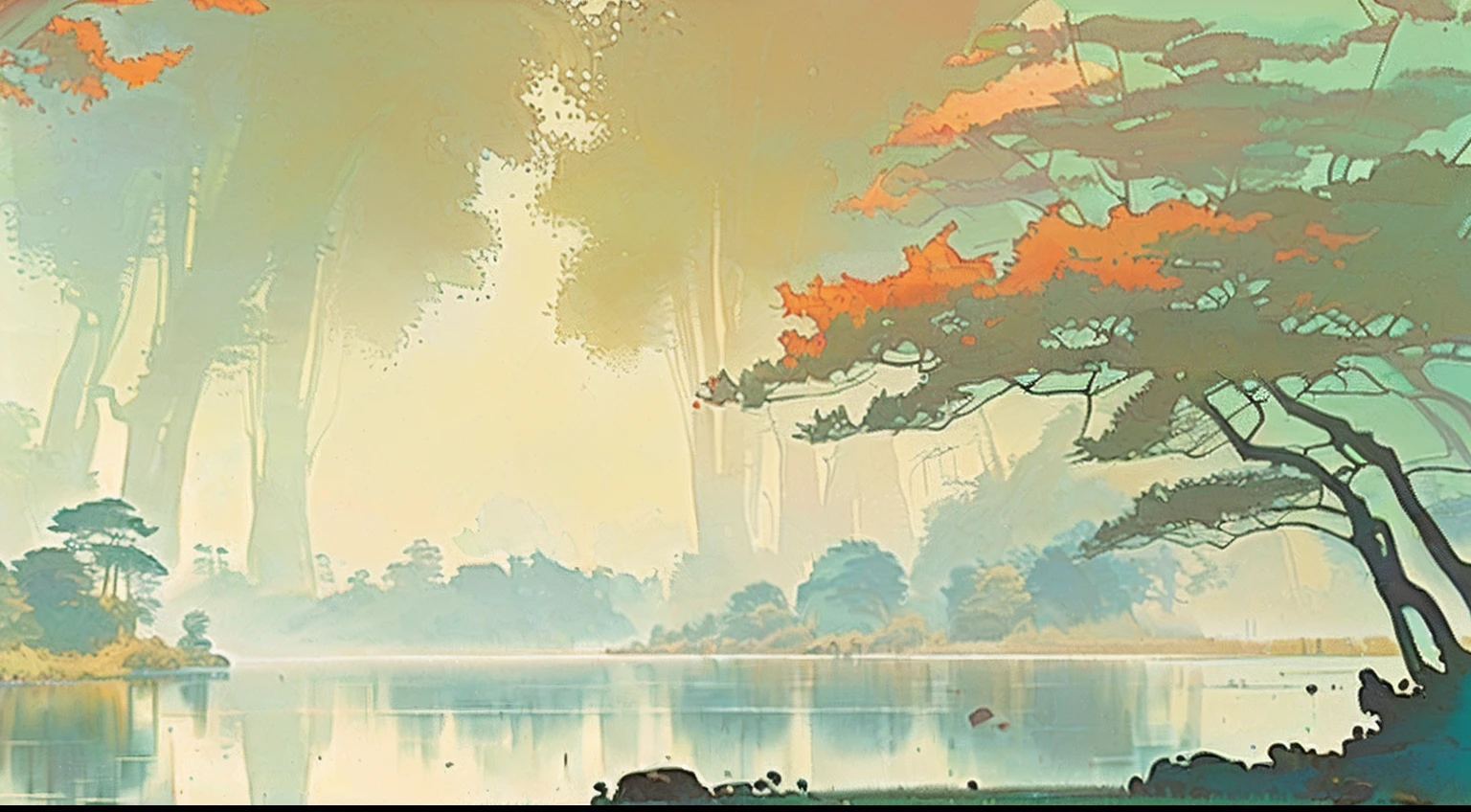 There is a painting of a lake with trees and water, Inspired by Russell Chatham, digital landscape art, inspired by sparth, inspired by Paul Lehr, paul lehr and beeple, sparth style, author:Spas, painterly concept art, very coherent stylized artwork, cyber space forest scene, environment design illustration