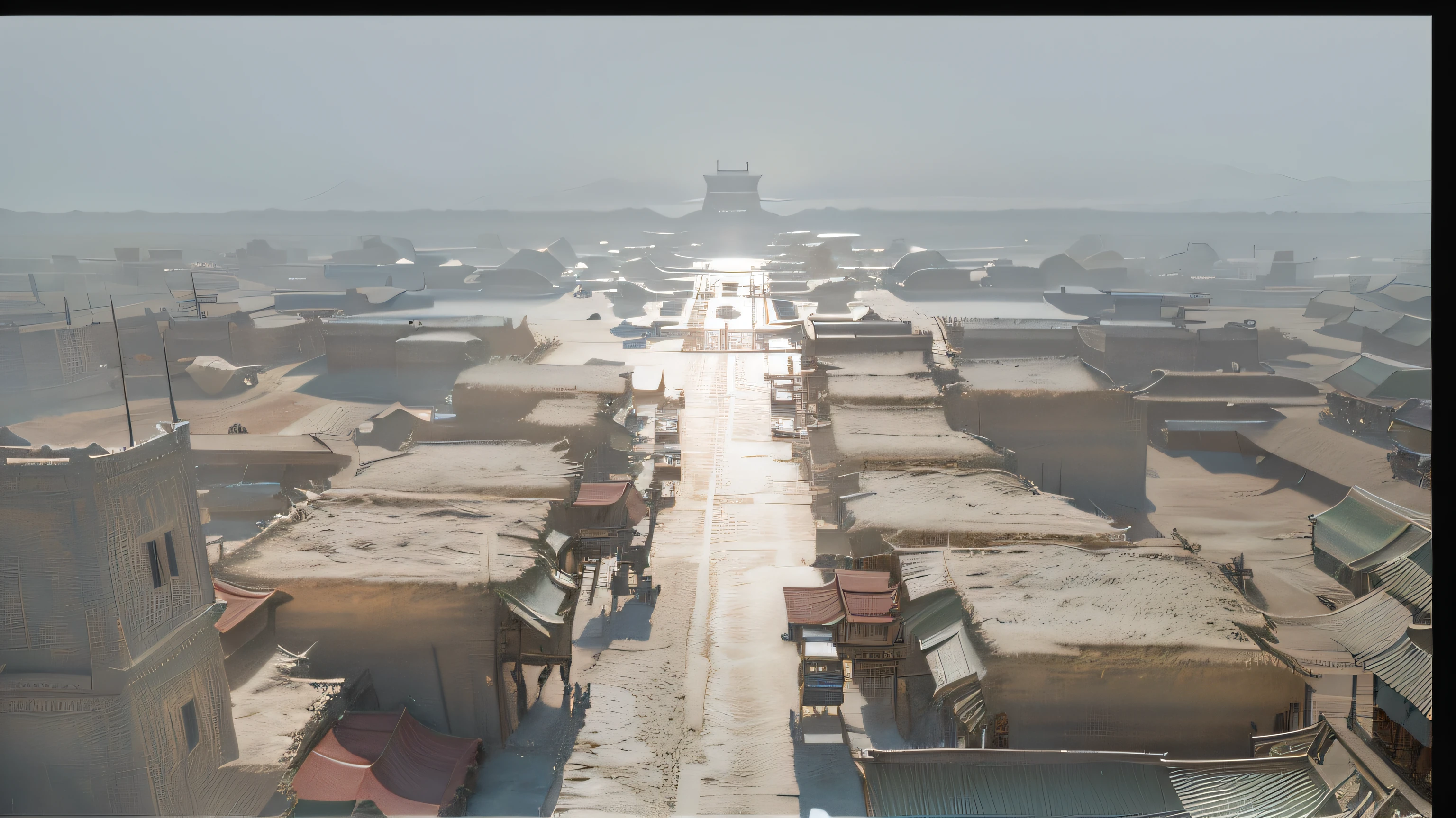 There was a long line of trucks parked on the side of the road, Beautiful rendering of the Tang Dynasty, sci - fi mongolian village, film Silk Road landscape, villages , illusory engine, detailed cinematic shot, detailed cinematic rendering, hyperdetailed 3d matte painting, hyperdetailed 3d matte painting, cinematic establishing shot, a detailed matte painting, detailed matte painting