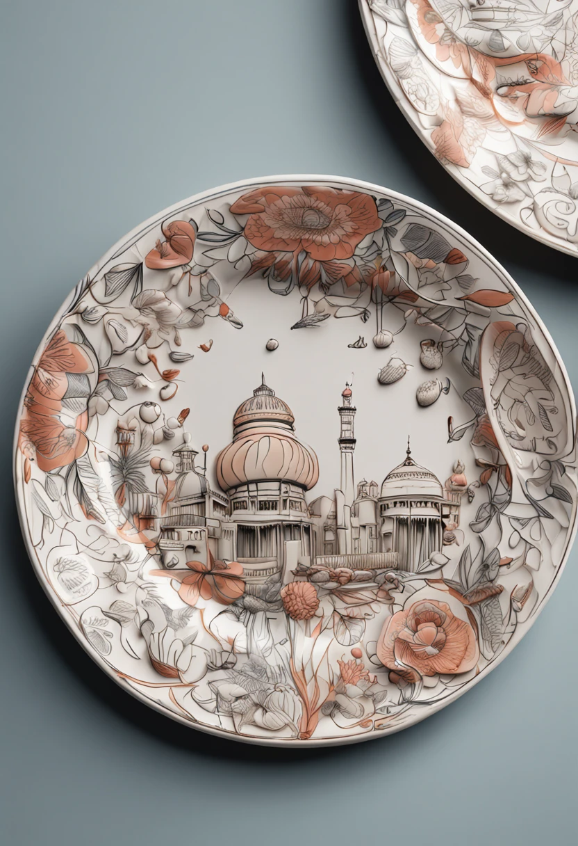 There is a bone china plate,Bone china plate design artwork,Modern artwork,top views,。.3D for best results,artwork of a,best qualtiy,8K,。.3D,Color decoration,top Quority,the detail,The edges are patterned,Add details,