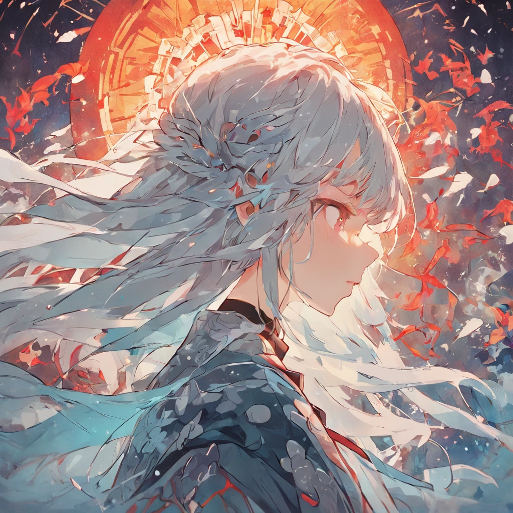 (White background:1.4),(Silhouette of a girl's head, Eyes closed, colorfull long hair, Oriental elements),(Chinese illustration:1.3,paper art:1.3, Quilted paper art:1.2),( reasonable design, Clear lines, High sharpness,Best quality, Very detailed, Masterpiece, movie light effect, 4K )