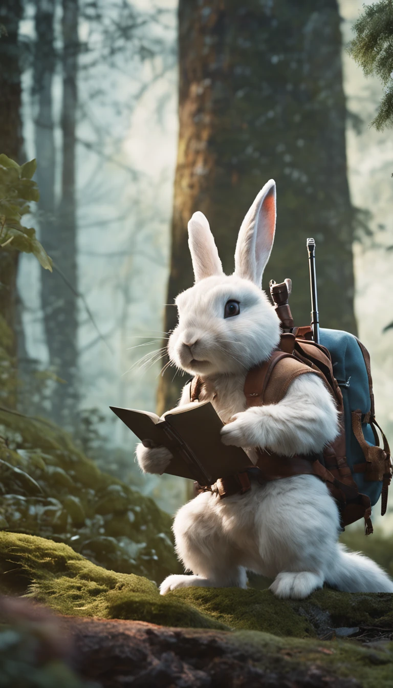 Classic negative portrait photo, fantasy video game character concept art, a cute white fluffy rabbit with a small brown leather backpack looking at a map hiking through the forest, dungeons and dragons, fantasy, river, haze, halo, Bloom, dramatic atmosphere, dark fantasy film of the 1970s, centered, rule of thirds